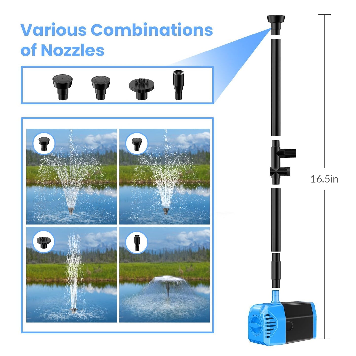 POPOSOAP 12W Solar Water Fountain Pump, 160GPH Solar Pond Pump with Dry-Run Protection, Solar Water Pump Kit with 4 Nozzles, 16.5ft Cord & 6.6ft Tubing for Ponds, Gardens,Hydroponics-P112L
