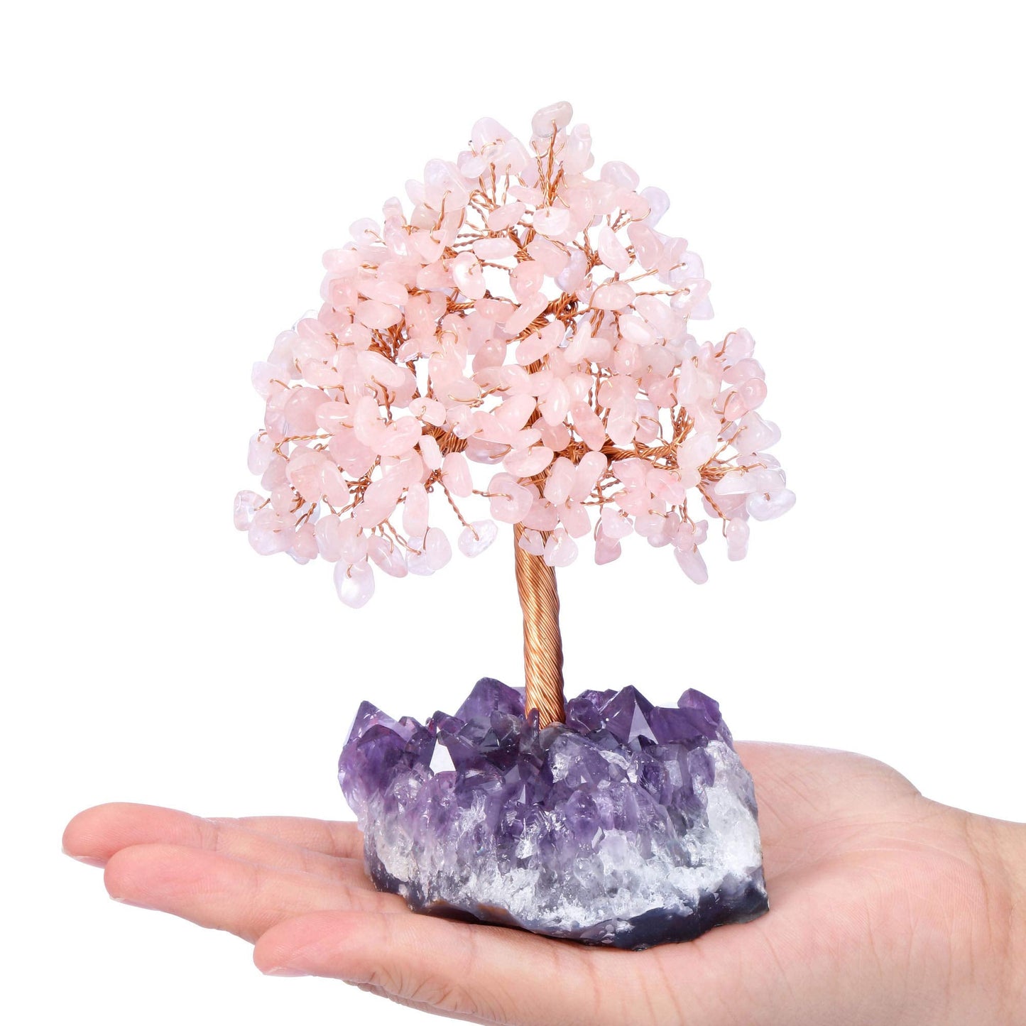 Jovivi Natural Rose Quartz Healing Crystal Money Tree on Amethyst Cluster Geode Druzy Base Feng Shui Crystals for Home Office Desk Decorations, Wealth, Good Luck