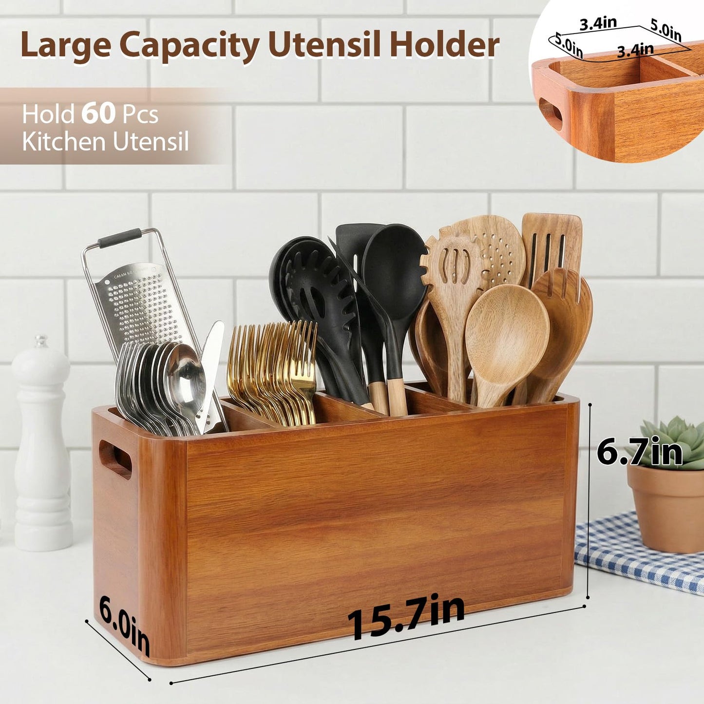 powerful xishan Kitchen Utensil Holder for Countertop, Extra Large Acacia Wood Utensil Organizer, 4-Compartment Storage for Cooking Utensils, Silverware and Cutlery