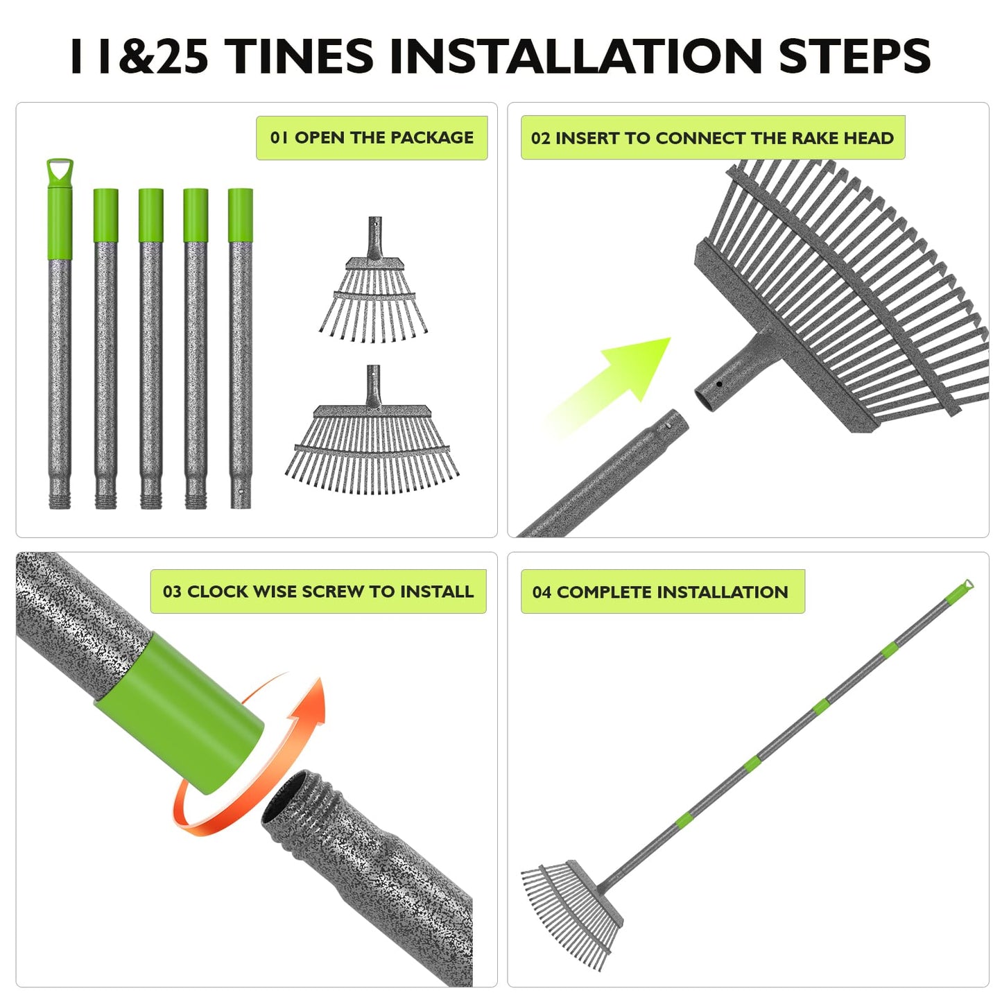 GARDENWORK Leaf Rake for Leaves,36-73" Long Garden Rake,25 &11 Tines Heavy Duty Leaf Rake for Lawns,Adjustable Stainless Steel Handle,Yards, Grass, Garbage, Weeds, Debris