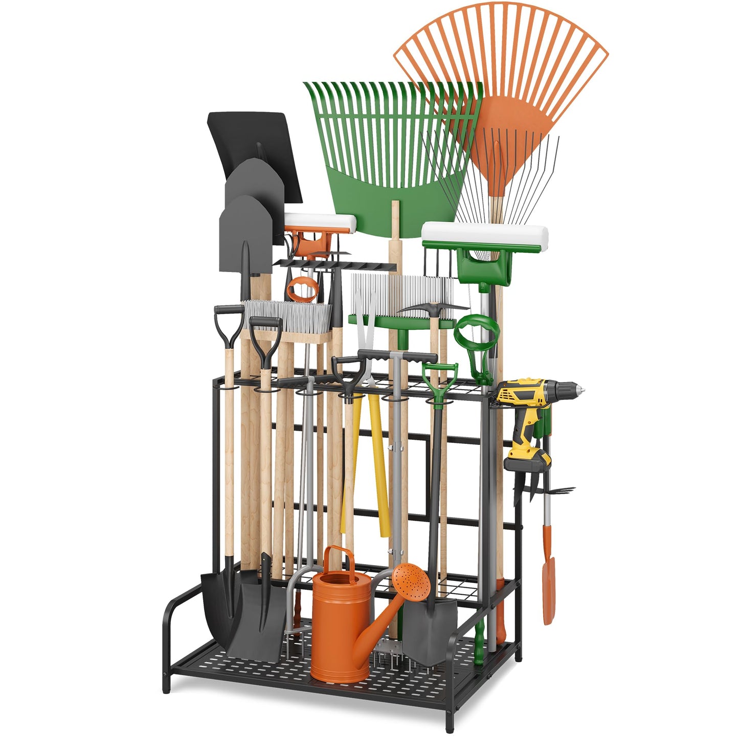 Sttoraboks Garden Tool Organizer Rack Up to 39 Tools, Heavy-Duty Steel Yard Tool Organizer for Garage Storage with 12 Hooks, Broom Holder & Garden Tool Rack for Shed, Patio, Outdoor Storage, Black