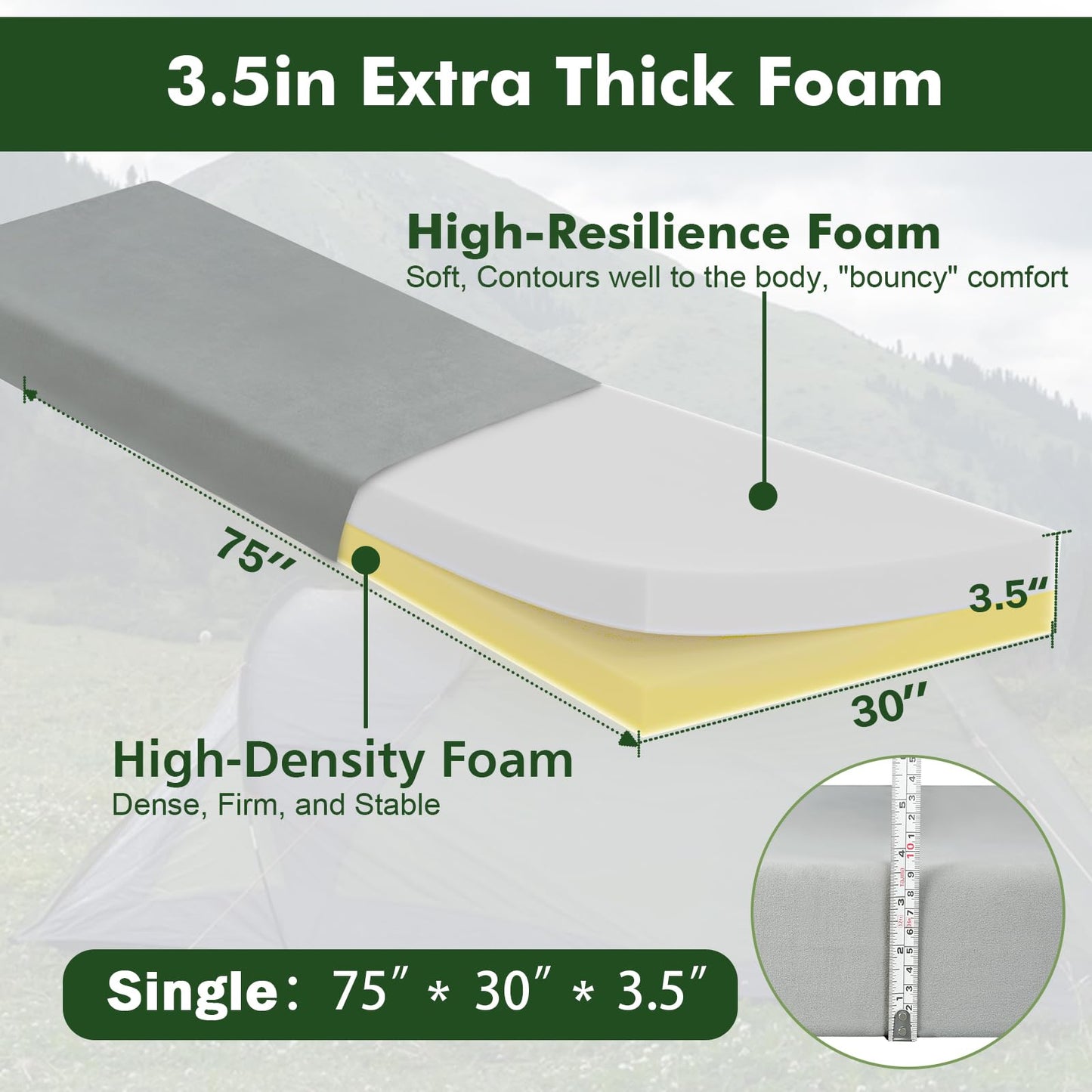Selectico 3.5" Extra Thick Foam Camping Mattress, Waterproof Cover & Travel Bag, Portable Sleeping Pad for Car/Tent/Cot/SUV/Trunk/Floor/Guest Bed(Single)