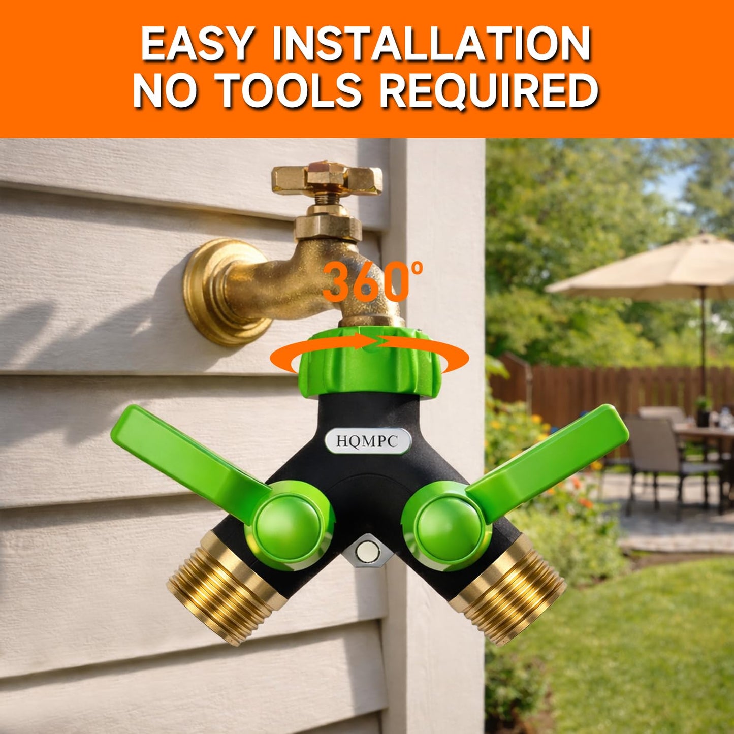 HQMPC Garden Hose Splitter, 2 Way Hose Bib Splitter, Brass y splitter 2 way Y valve Metal Body 2 Way Hose Shut Off Valve, 2.12" Extra Long Metal Handle, 3/4" GHT Thread (1, Green)