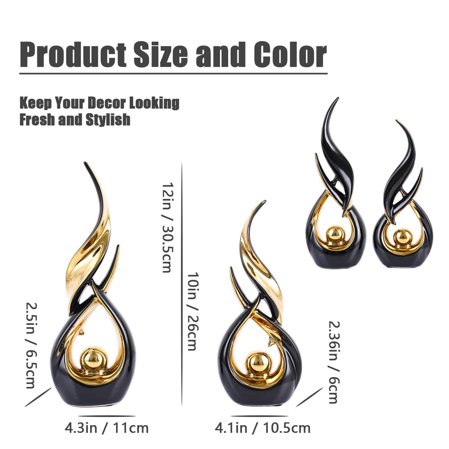 XMGZQ Gold Ceramic Abstract 2 Piece Statue Set,Mid Century Modern Abstract Art Home Decor Statue Mantelpiece on Unique Shelf Decor, TV Cabinet Divider Table top and Dining Table Centerpiece (Black)