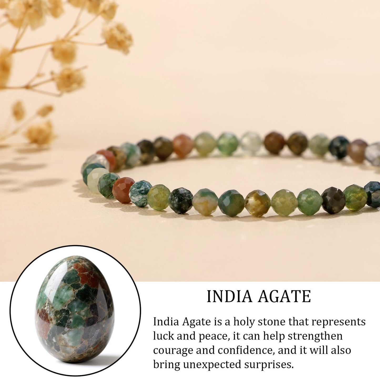GolbalJew Natural Gemstone Beads Bracelets Healing Crystal Stone Beaded Bracelet for Women Men Handmade Spiritual Jewelry Gifts, 4mm Indian Agate Faceted Round Beads