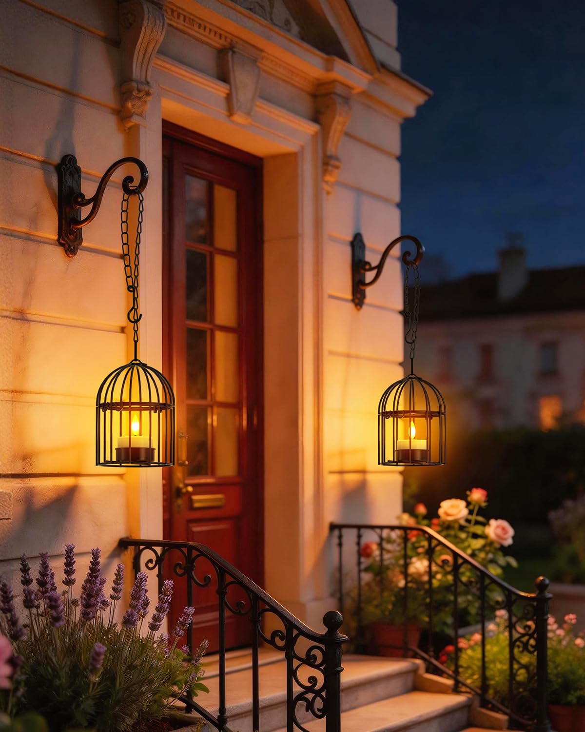 SoulBay Outdoor Lanterns with Solar Tea Lights, 4 Pack(2L 2S) Hanging Waterproof Solar Lights for Outside with Extended Chain, Bright & Long Lasting Solar Candles, Birdcage Lamp for Tree Patio Garden