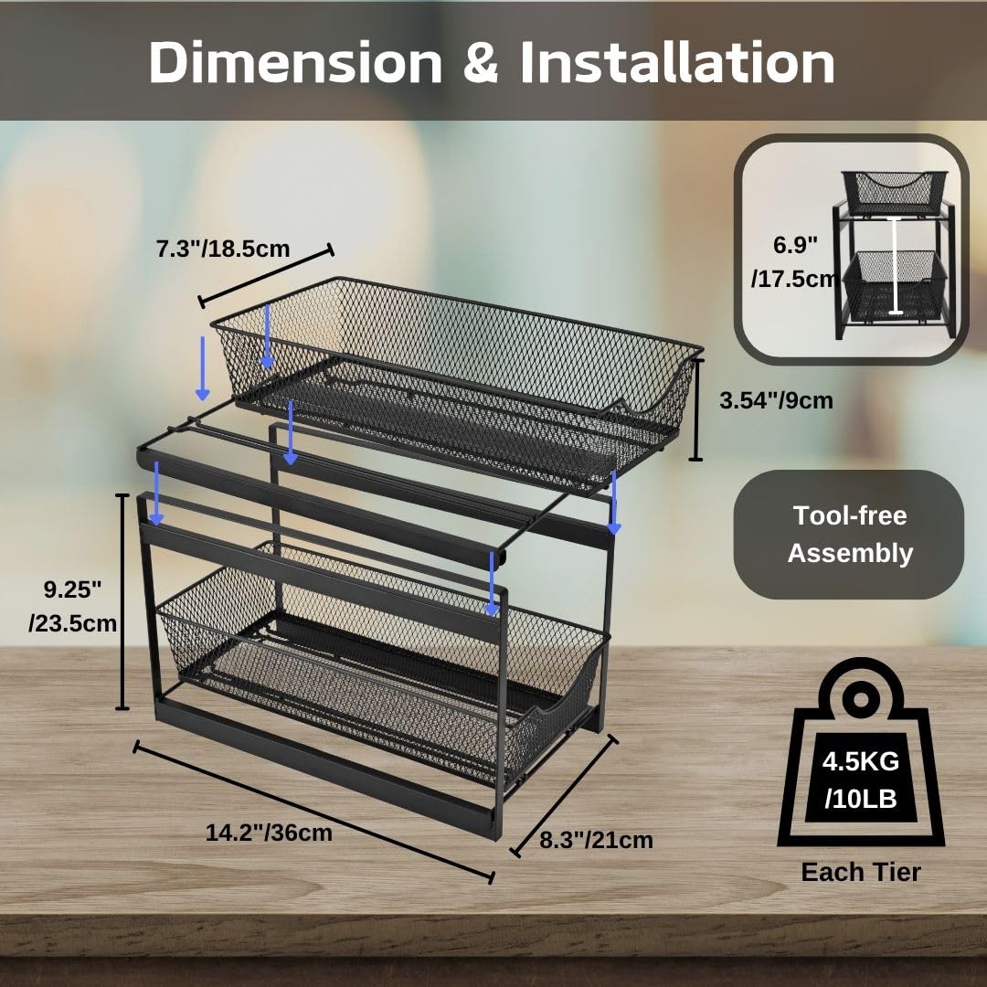 IBERG 2 Tier Bathroom Organizer with Pull Out Drawer, Under Sink Storage Organizer for Kitchen Cabinet, Metal Sliding Basket (Black)