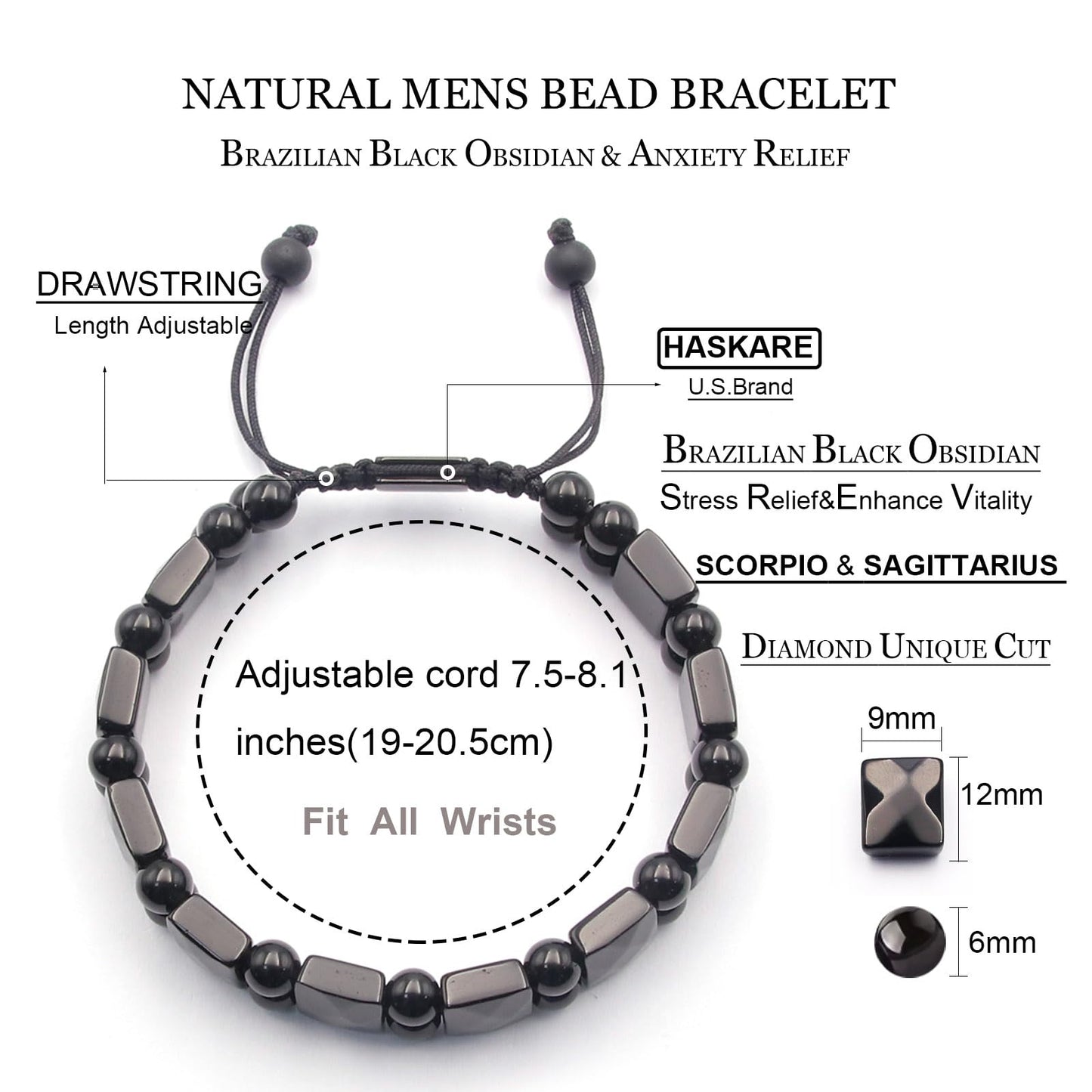 HASKARE Protection Healing Stone Bracelets for Men Unique Natural Crystal Black Obsidian Mens Bracelets, Masculine Energy Protection Men Beads Bracelet for Anxiety, Handmade Gifts for Husband Father