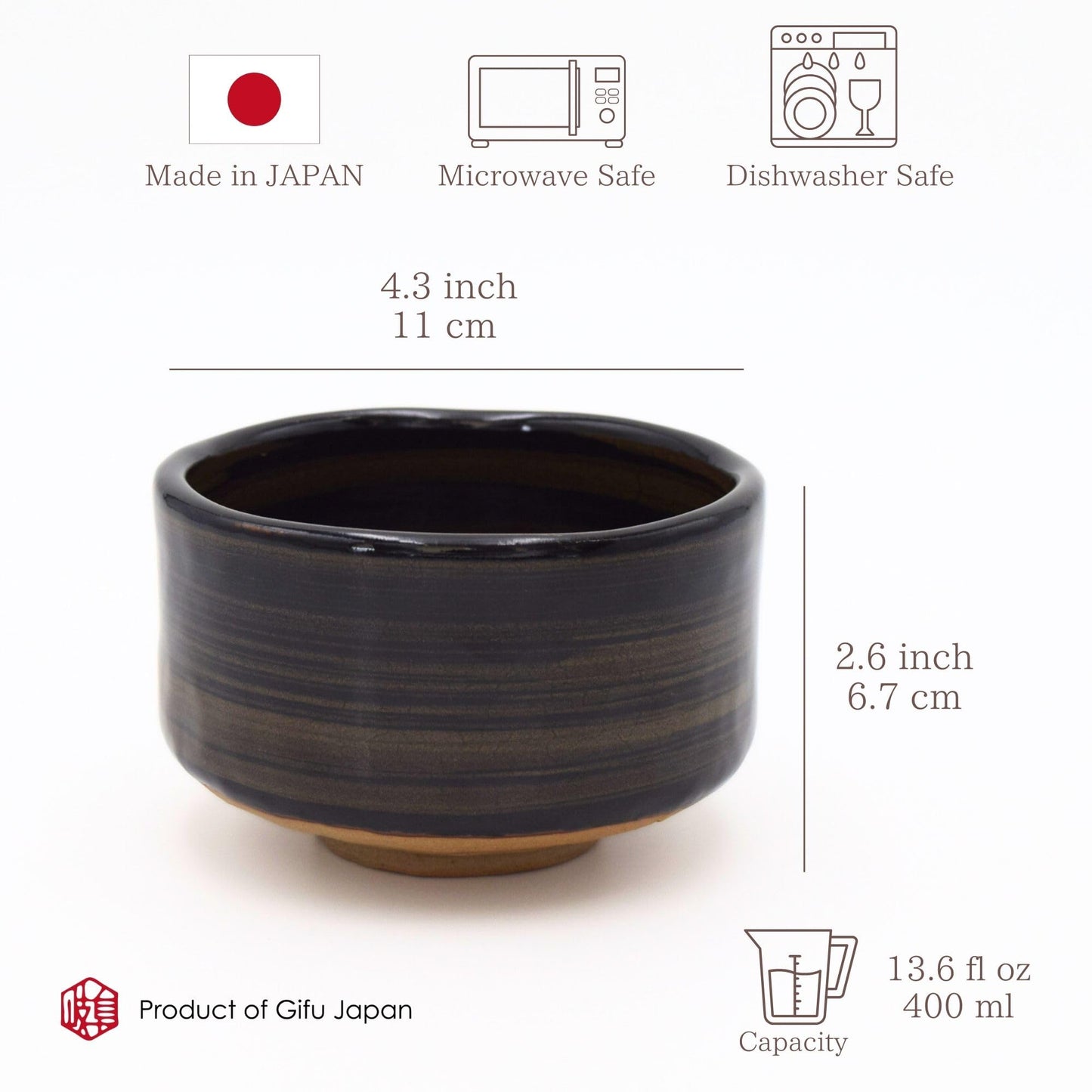 Product of Gifu Japan Ceramic Matcha Bowl, Handmade Chawan Japanese Green Tea Cup, Matcha Mixing Bowl, 400ml 13.6 oz, Brush Stroke Pattern, Black