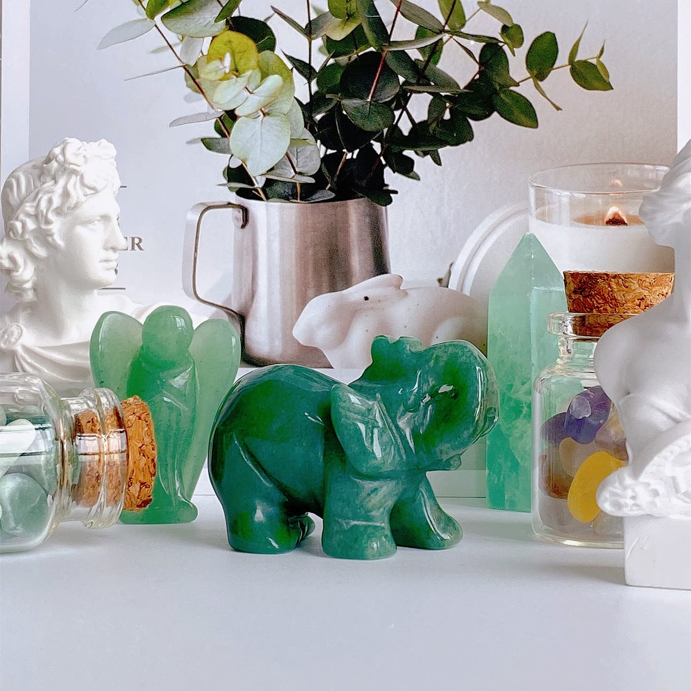 QINJIEJIE Green Aventurine Elephant Crystals Elephant Decor Pocket Polished Crystal Statue Guardian Figurine Office Hippie Room Cute Green Desk Decor Spiritual Gift Love Christmas Stocking Stuffers