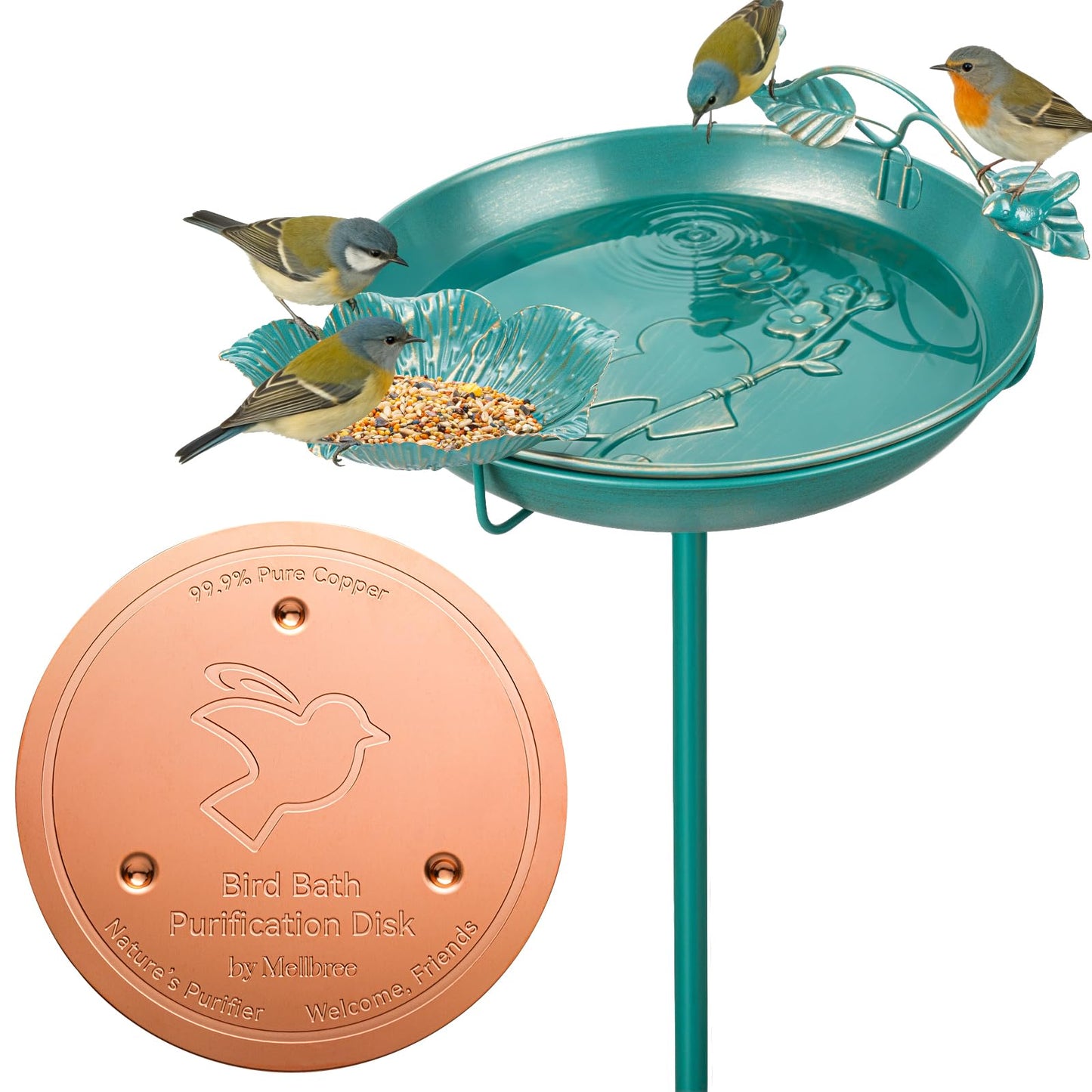 Mellbree Bird Bath 12" for Outside Lake Blue and Gold Gilding with Bird Bath Copper Disk