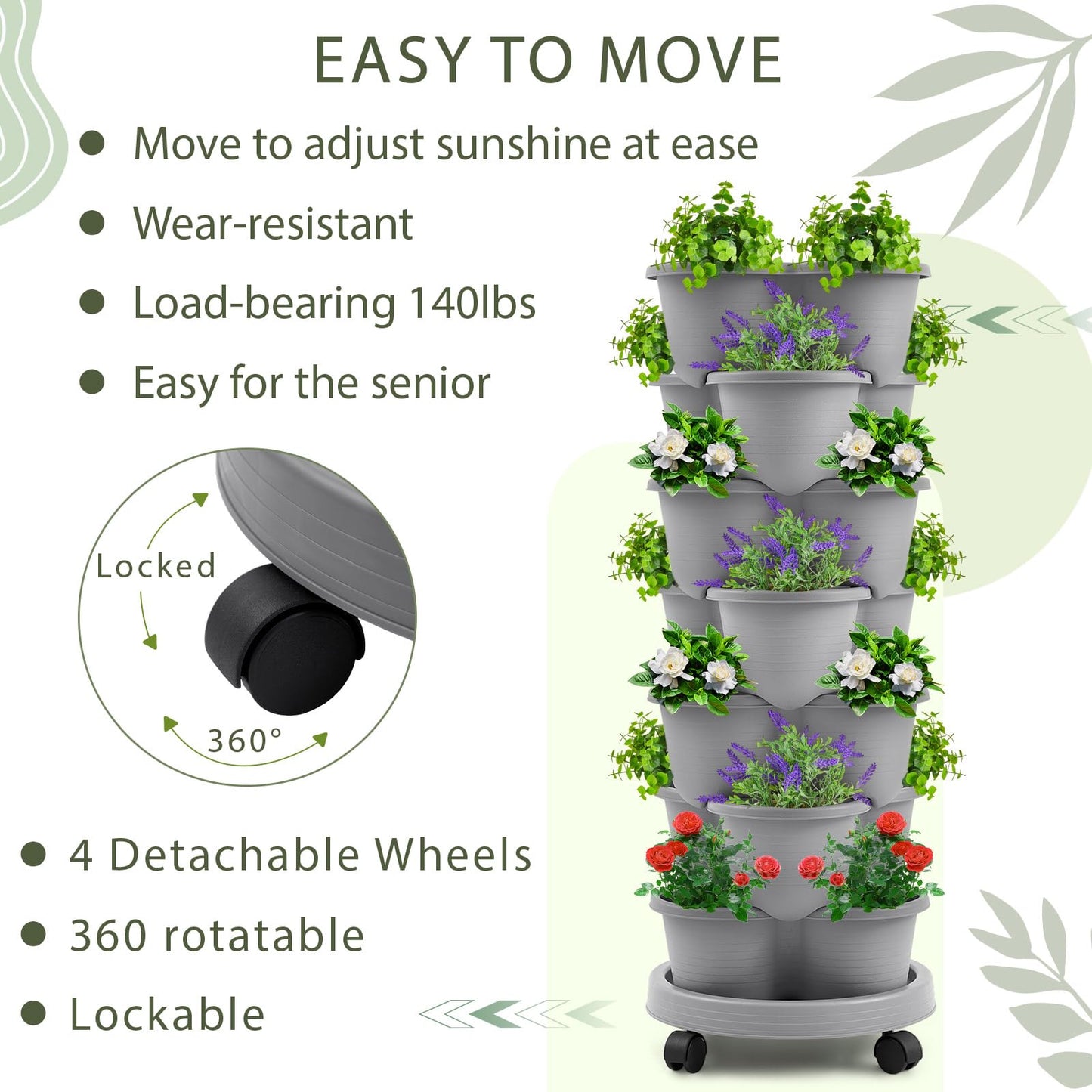 Umigy 2 Set Light Gray 7 Tier Stackable Vertical Planters with Removable Wheels and Tools Tower Planters Strawberry Herb Flower Vegetable Pots Indoor Outdoor Gardening Pots