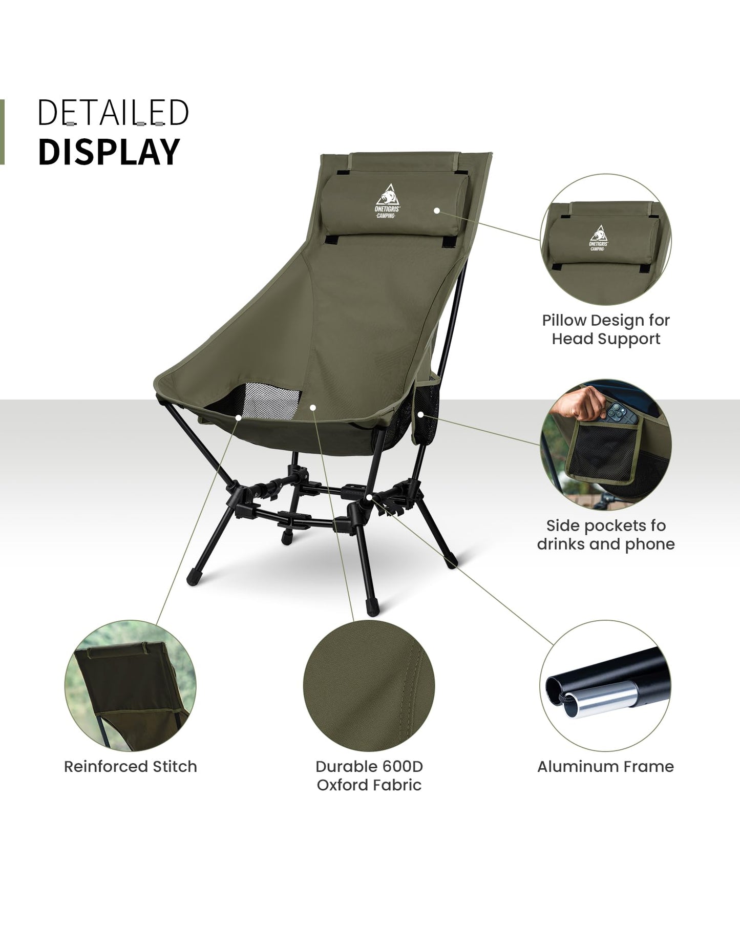 ONETIGRIS Dragonhide Oversized Camping Chair with Pillow Design, Comfortable Widened Seat Folding, 275 lbs Capacity