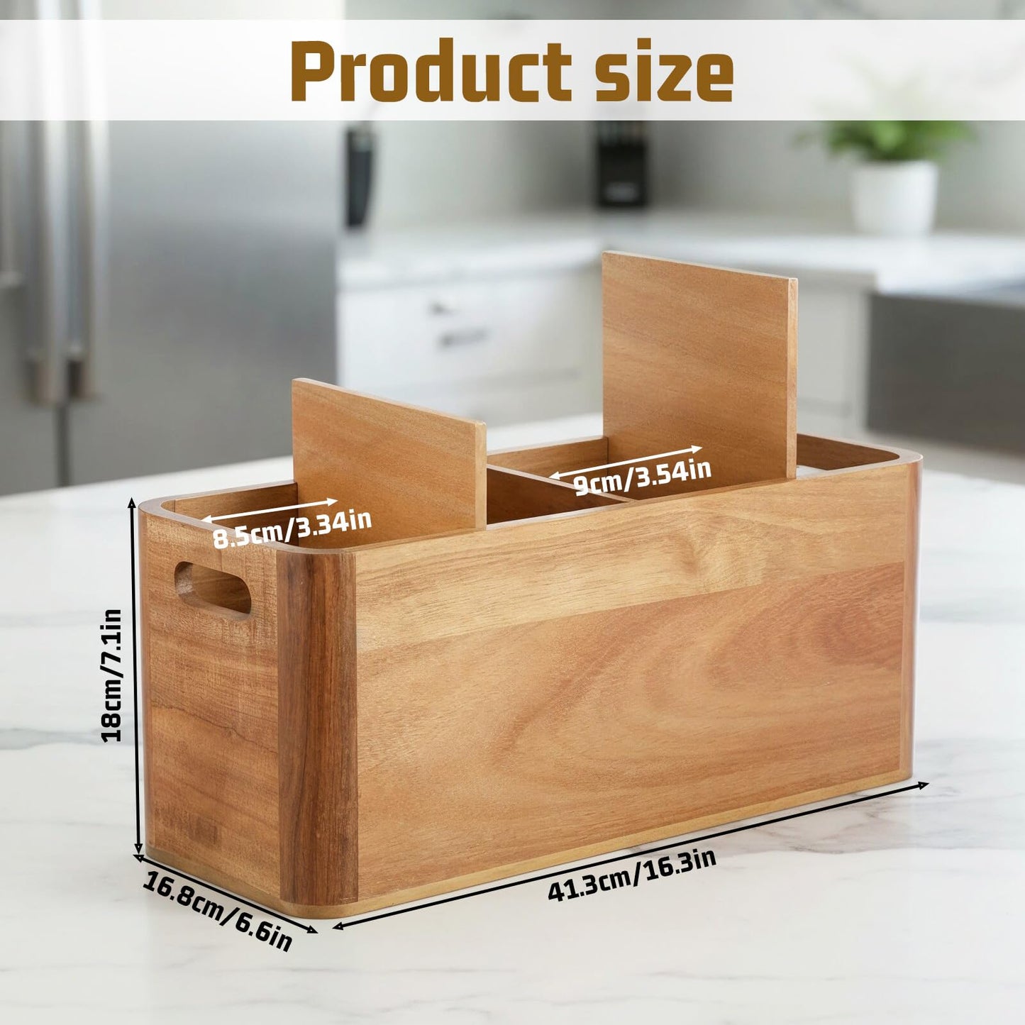 Xosjska Wooden Kitchen Utensil Holder Organizer for Counter or Countertop, Extra Large Acacia Wood Organizer with 4 Compartments for Storage Spoons and Spatulas Utensils and Cutlery Storage