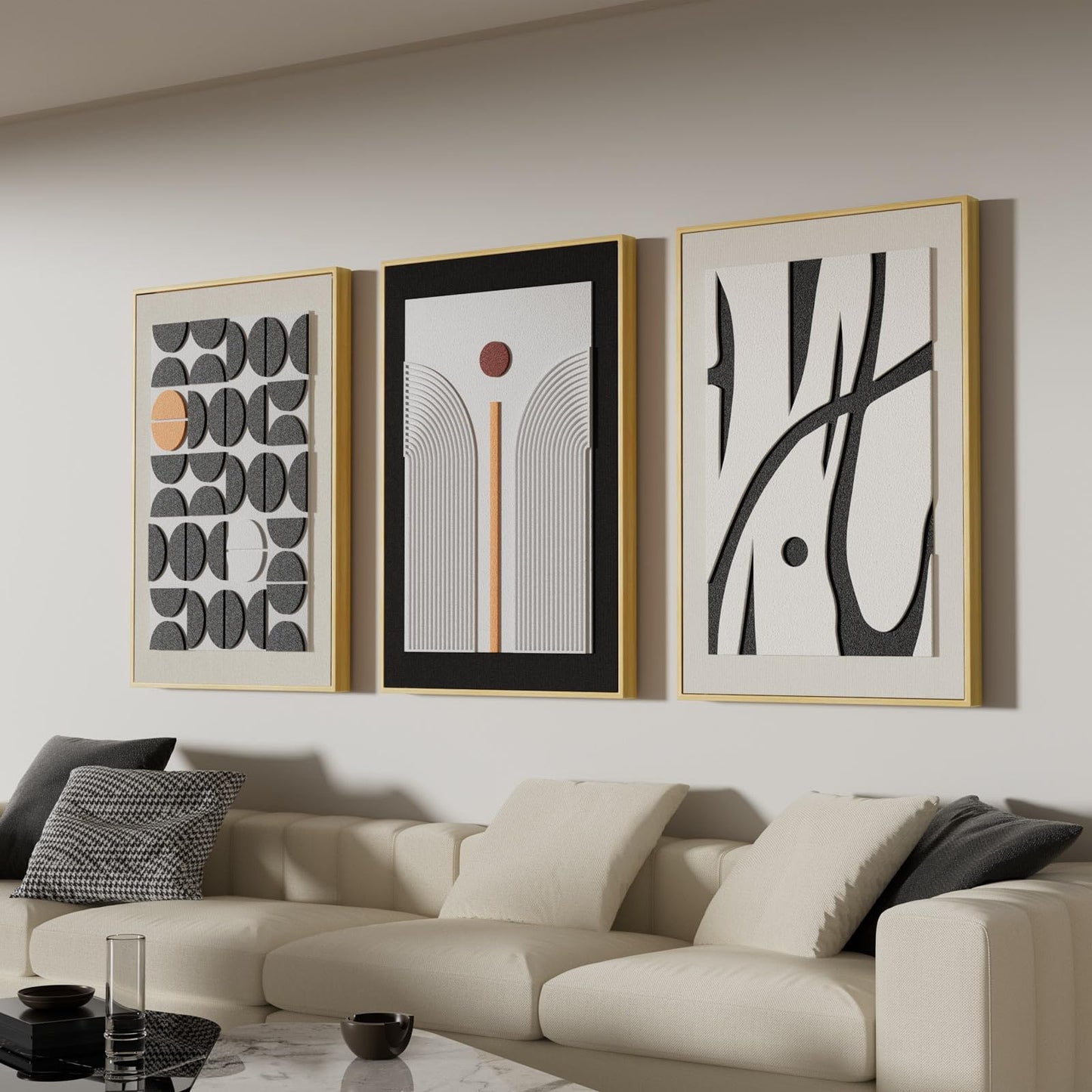 Large 3D Textured Framed Abstract Wall Art for Living Room, 3 Piece Modern Boho Artwork for Walls, Black White Orange Geometric Sandstone Texture Pictures for Hallway Office Home Decor 24x36 In