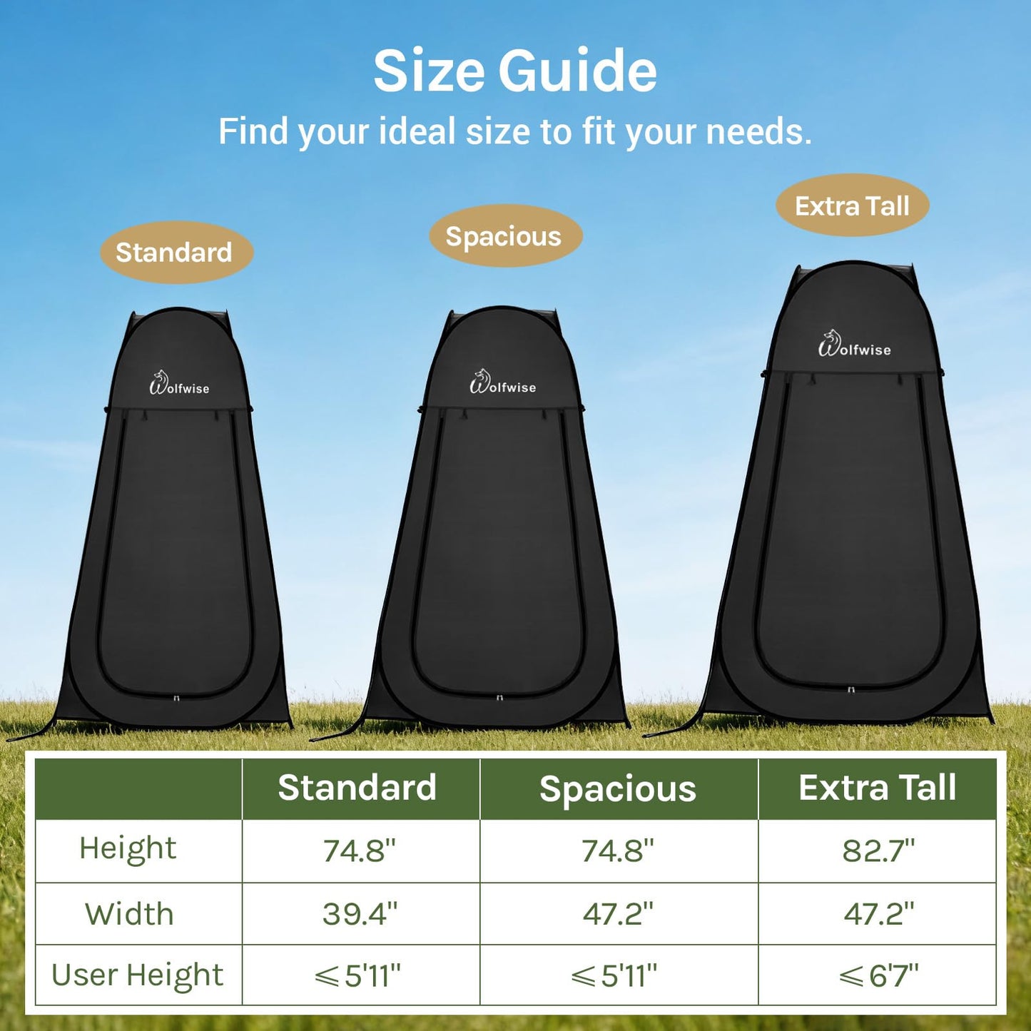 Wolfwise Pop Up Shower Tent for Camping, Portable Instant Changing Tent with Ventilation Window & Carry Bag, Privacy Bathroom Toilet for Beach & Outdoor, Standard, Width 40 ", Height 75 ", Black