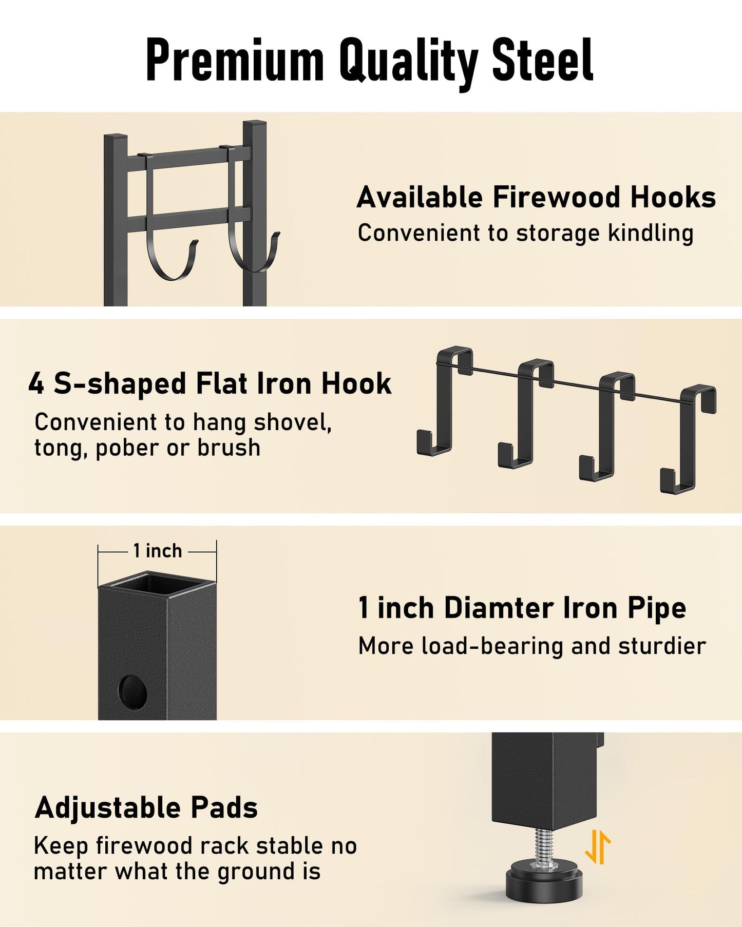 Brightown 34inch Firewood Rack Indoor with Log Carrier, Outdoor Wood Rack for Firewood,Fire Wood Storage with Kindling Hooks, Adjustable Pads, Heavy Duty Logs Holder for Fireplace Deck Outdoor, Black