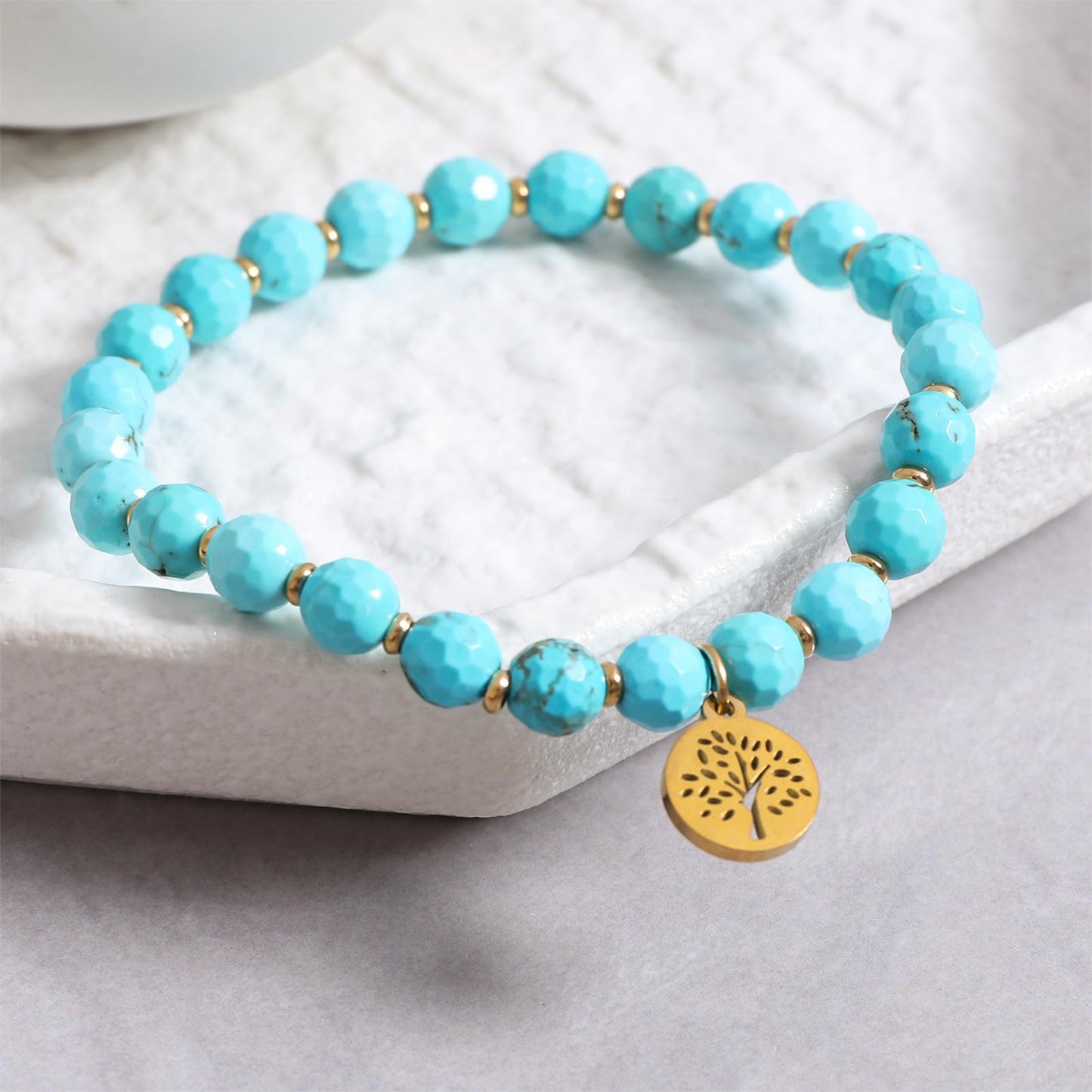 TaYolnFaSo Natural Turquoise Stretch Bracelet Stainless Steel Handmade Tree of Life Charm Turquoise Beaded Jewelry Gift for Women Men