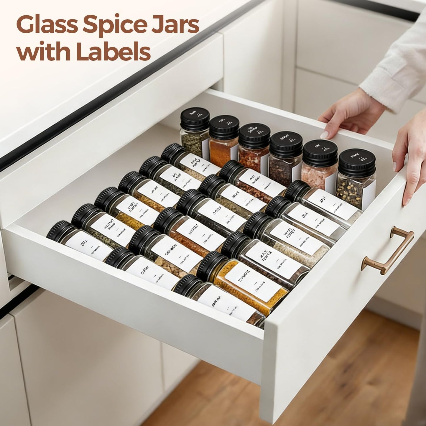 ComSaf Glass Spice Jars with Label, 24Pcs 4oz, 93 Labels, a Metal Funnel, Extra Shaker Lids, Empty Spice Containers and Square Spice Bottles for Kitchen and Seasoning