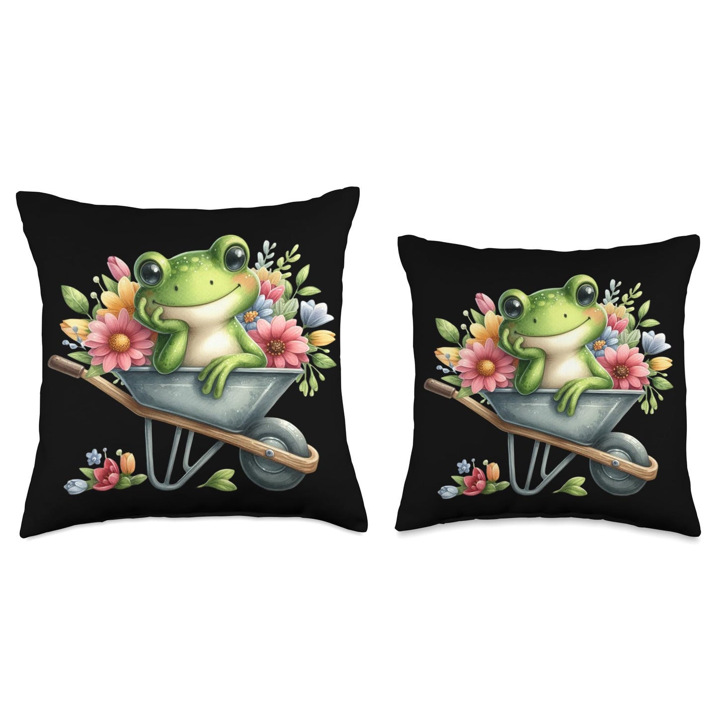 Frog Wheelbarrow Garden Flowers Amphibian Frog Aesthetic Throw Pillow