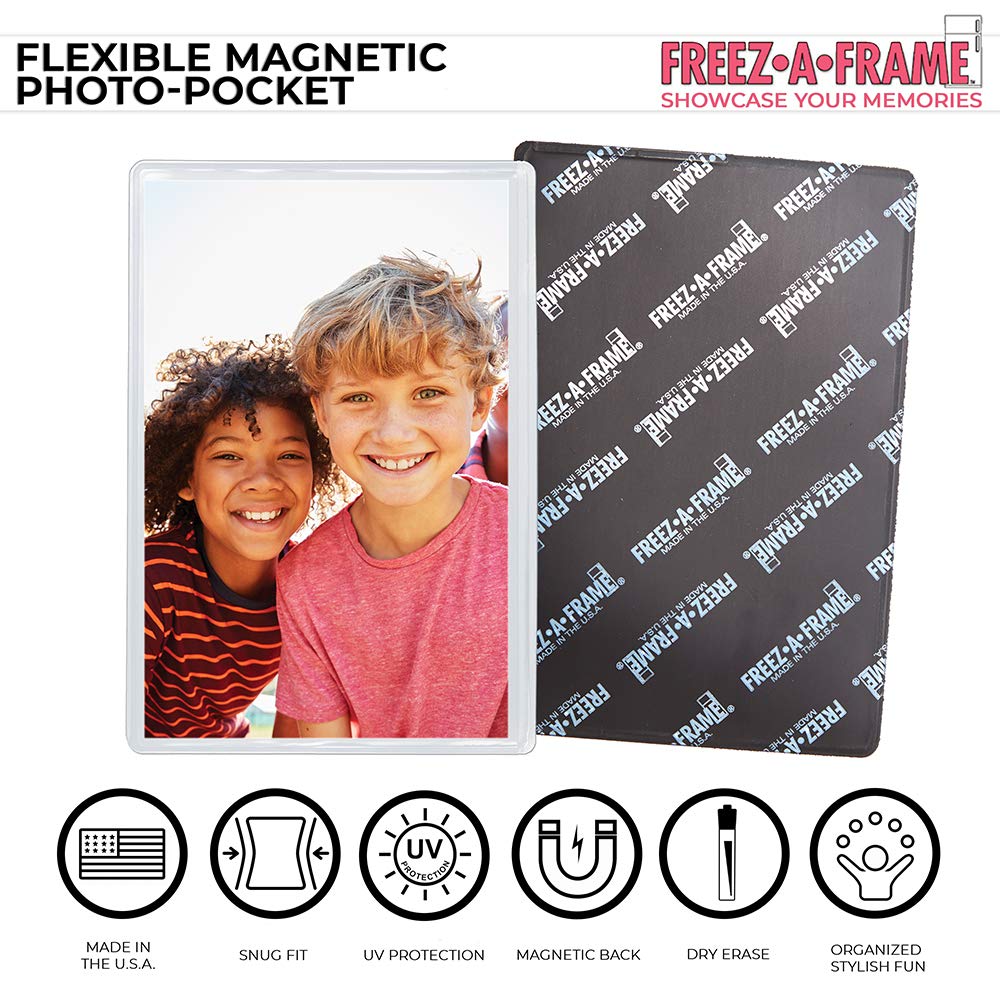 Freez-A-Frame Clear Magnetic Picture Frames For Refrigerator School Locker, or any Magnetic Surface 16 Pack Holds (2) 5 x 7 (4) 4 x 6 (10) 2.5 x 3.5 Exclusive Photo Pockets