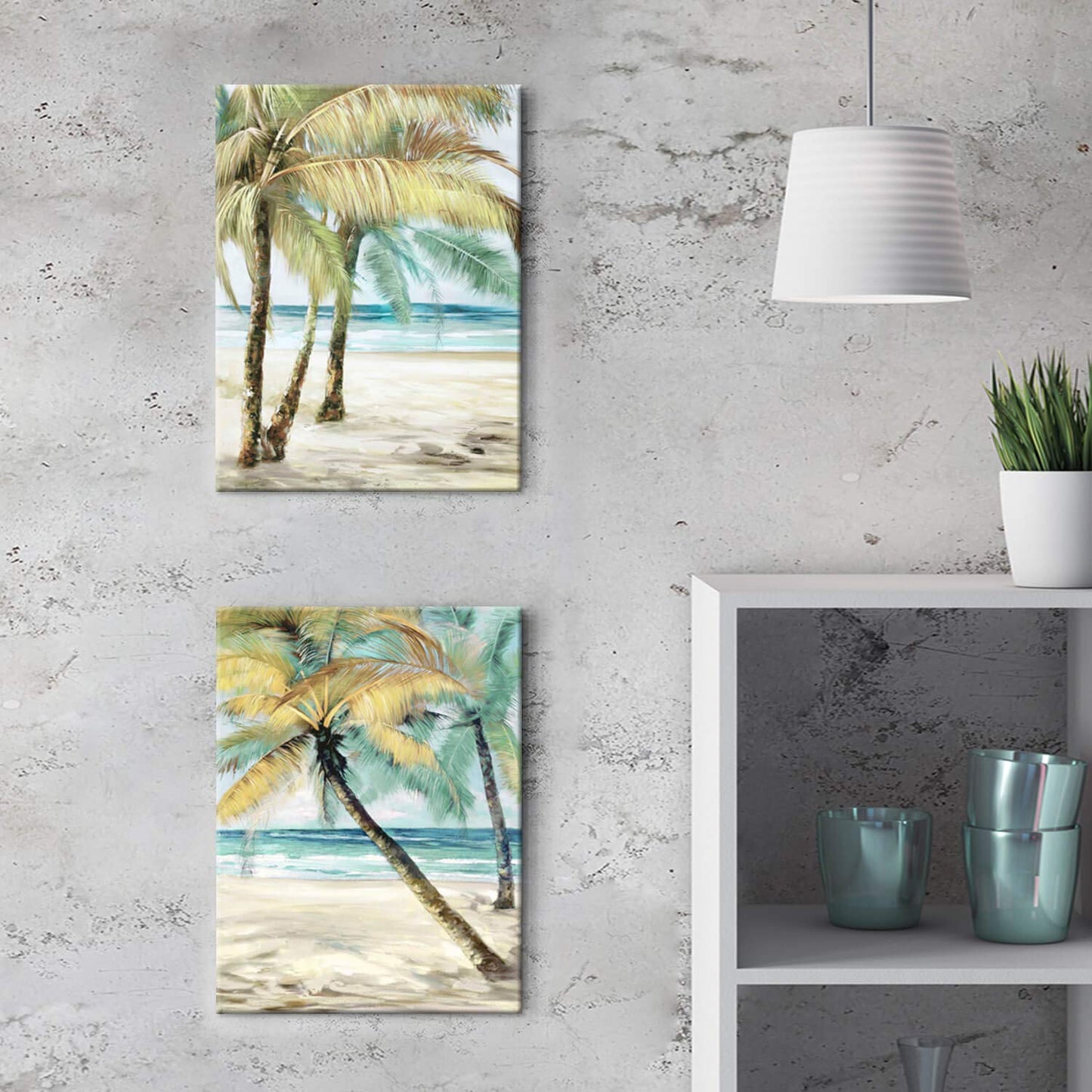 ARTISTIC PATH Beach Palm Trees Wall Art: Abstract Coastal Seascape Hand Painted Artwork Painting on Canvas Pictures for Living Room (11" W x 16" H x 2 PCS, Multi-Sized)