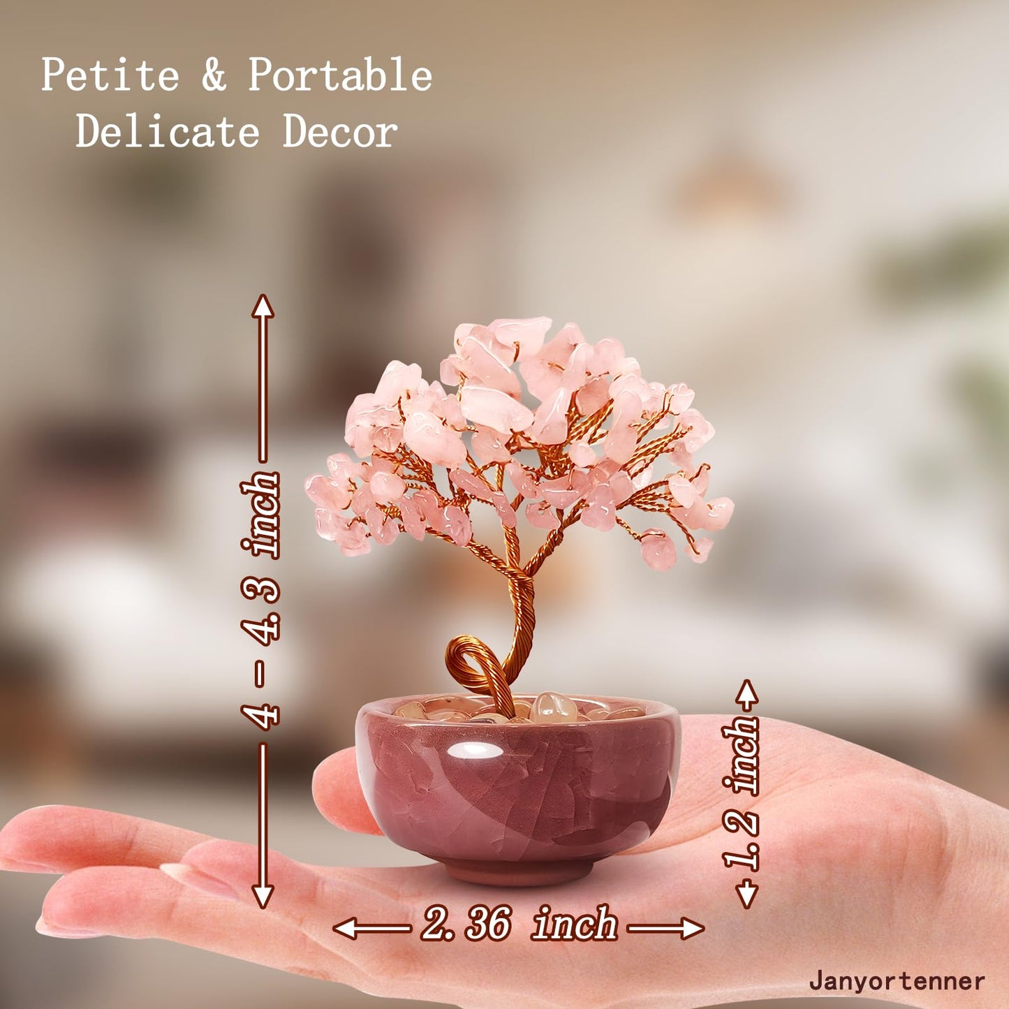 Janyortrenner Rose Quartz Crystal Tree,Romantic Office Desk Bedroom Decor,Handmade Copper Wire in Crackle Ceramic Base,Spiritual Gift for Her