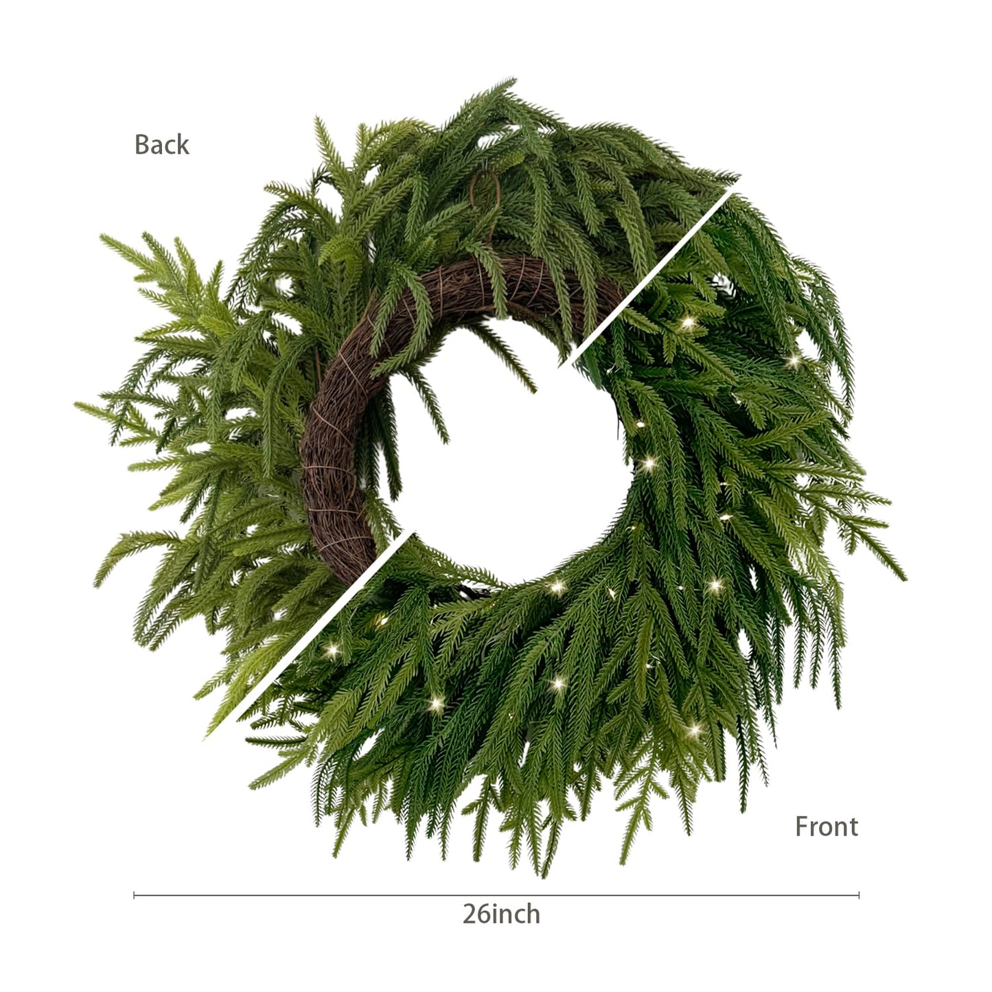 TOKCARE Norfolk Pine Wreaths for Front Door, 26Inch Real Touch Prelit Christmas Wreath with Lights 40 LED Green Faux Pine Wreath for Wall Windows Mantle Outdoor Christmas Decoration