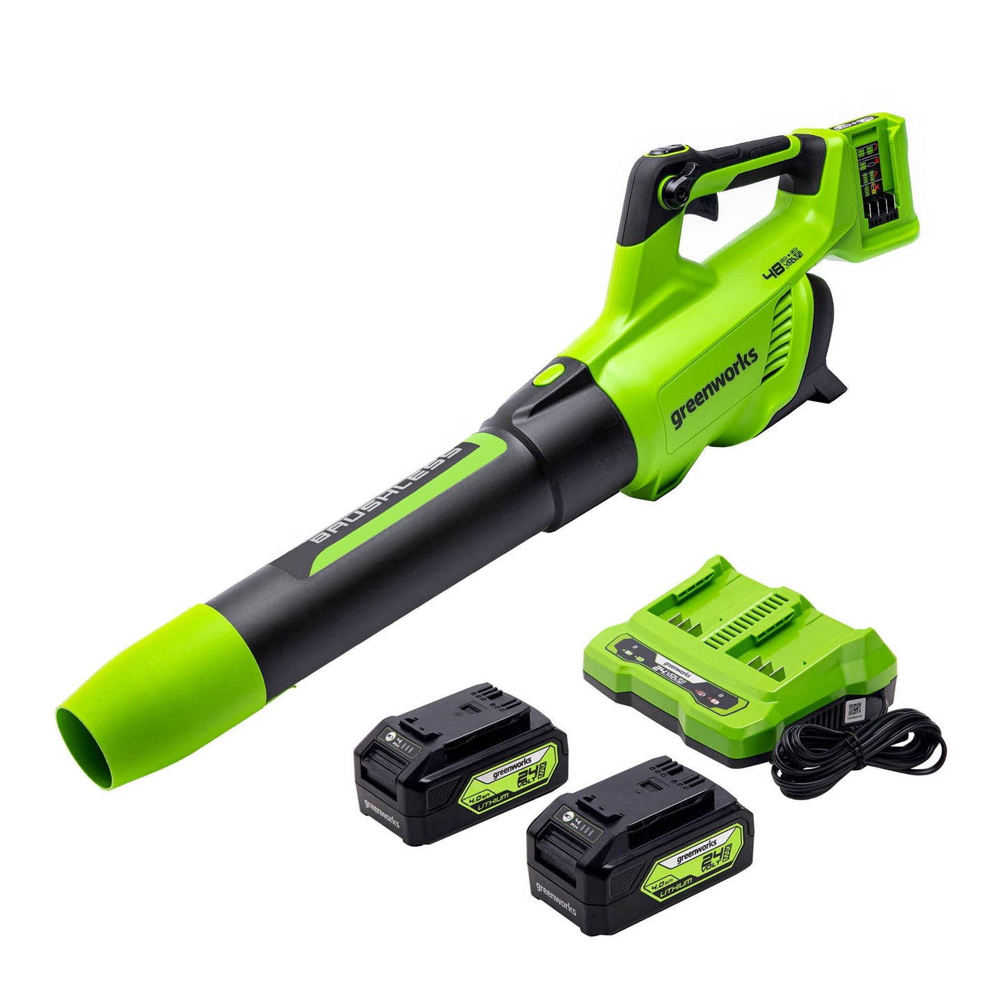 Greenworks 48V (24V x 2) Cordless Brushless Axial Leaf Blower (140 MPH / 585 CFM / 200+ Compatible Tools), (2) 4.0Ah Batteries and Dual Port Rapid Charger Included