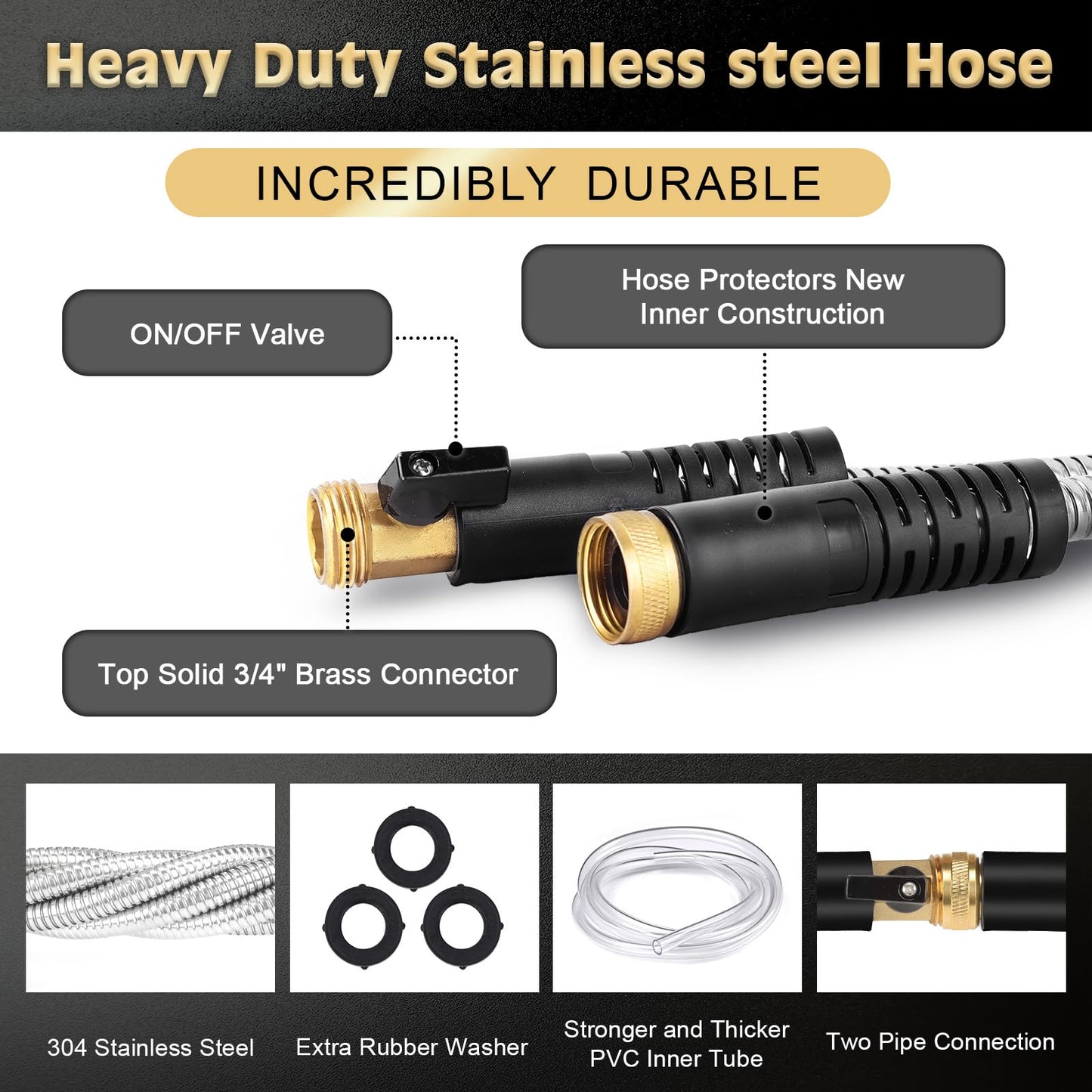 Metal Garden Hose 50FT Stainless Steel Heavy Duty Flexible Lightweight Water Hoses Pipe with 10-Function Spray Nozzle and 3/4" Solid Brass Fittings No Kink Durable for Outdoor Yard & Lawn
