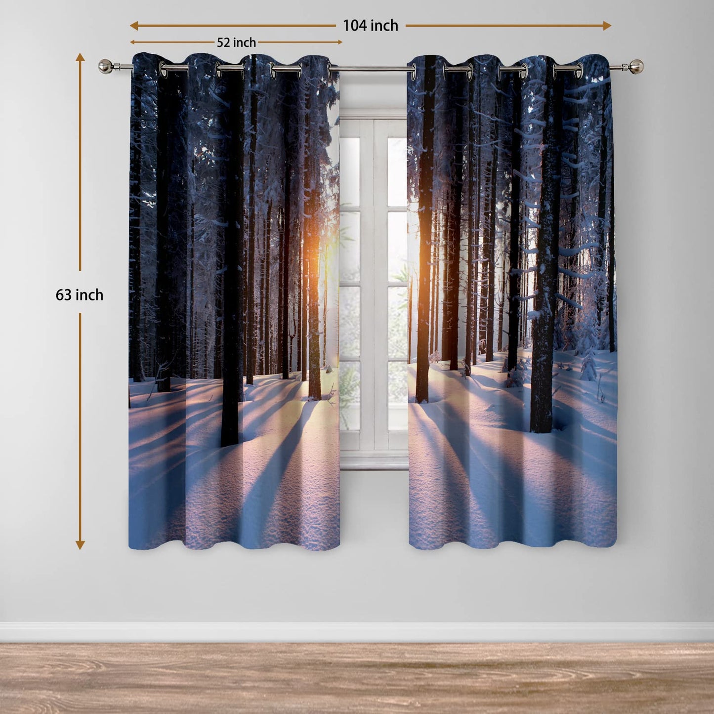 Jekeno Winter Snowy Forest Blackout Curtains Trees Woodland Sunset Landscape in Cold Weather Nature Scenery Decor for Bedroom Living Room Grommet Window Drapes 2 Panel Set, 52"x63"