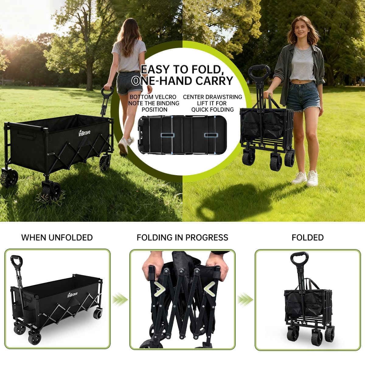 InBrave Extra Long Collapsible Wagon Cart, 480LBS Heavy Duty Utility Wagons with All-Terrain Wheels, Foldable Grocery Carts for Gardening, Shopping, Beach, Camping, Black