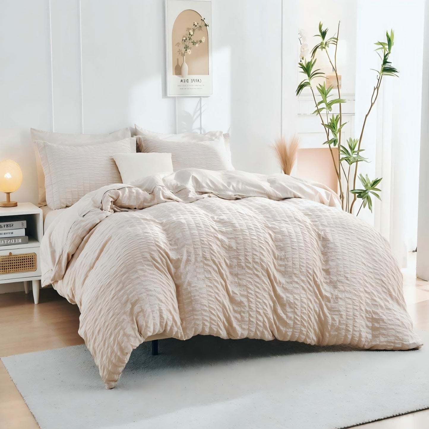 HYMOKEGE Beige Duvet Cover Queen Size, Ultra Soft 3-Piece Seersucker Duvet Cover Set with Zipper Closure, Soft Brushed Microfiber Bedding Set with 8 Corner Ties (90"x90", 2 Pillowshams)