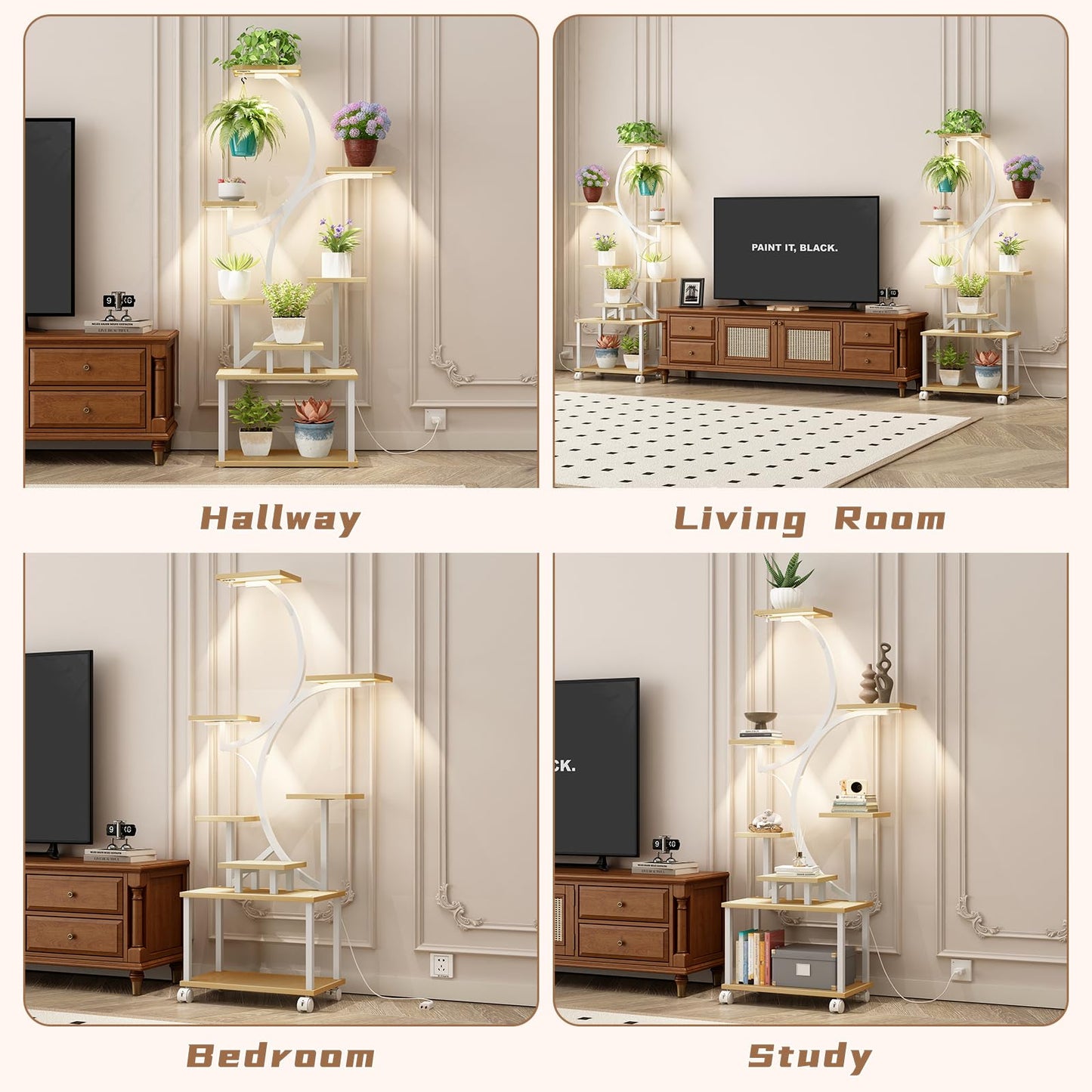 AJLDN Plant Stands Shelf Indoor with Grow Lights - 62in Tall 8 Tiered Plant Holder, S-Shaped Corner Shelf for Living Room, Large Flower Stand for Indoor Plants,Natural