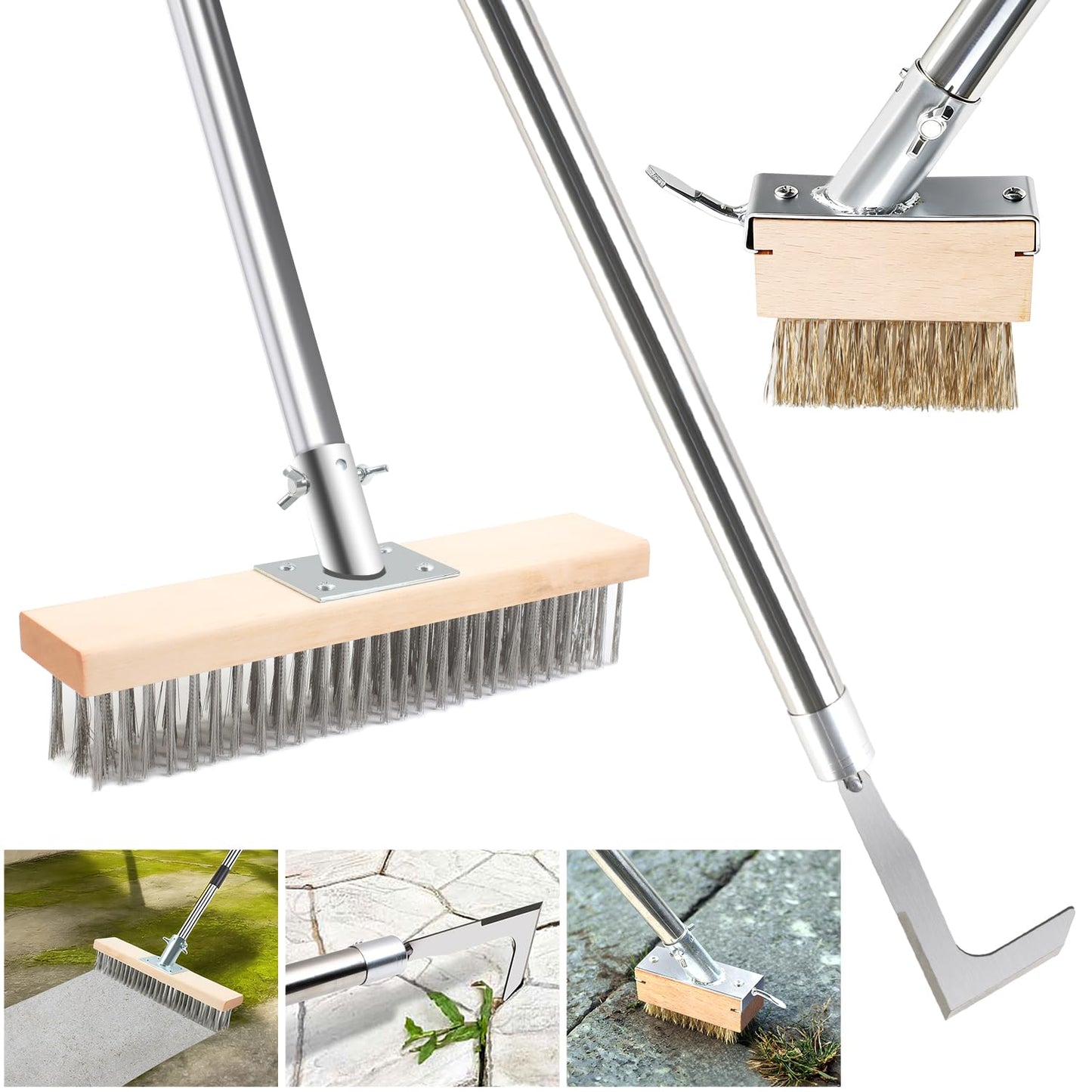 DTNESS 3-in-1 Crack Weeder Brush Tool Set, Stainless Steel Wire Broom w/ 2 Weed Remover Brush Heads+Scraper, 63" Heavy Duty Weeding Puller w/Adjustable Handle for Pavers, Deck, Concrete, Moss Removal
