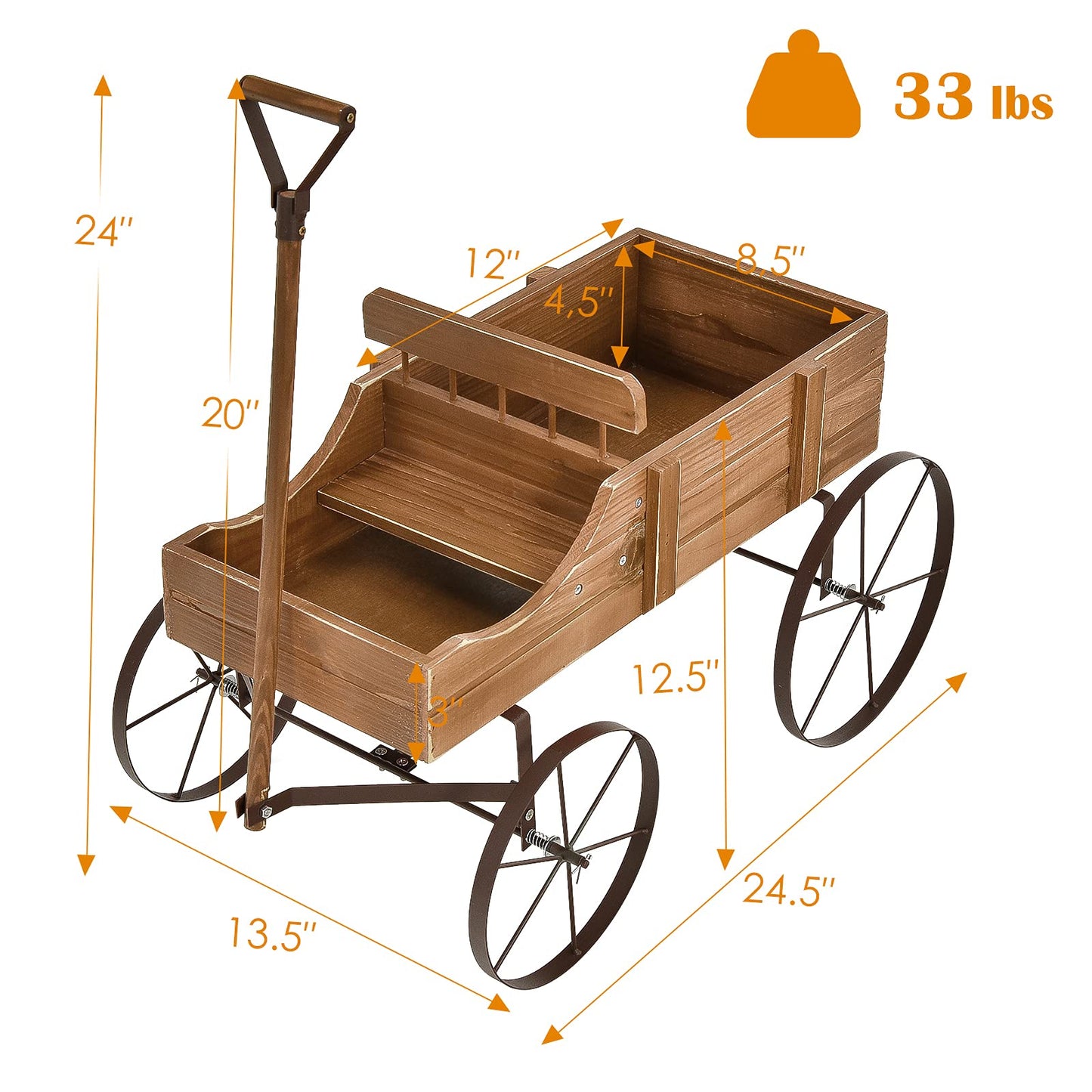 Goplus Wagon Planter, Decorative Wooden Garden Planter with Wheels, 2 Planting Sections and Adjustable Handle, Indoor Outdoor Backyard Balcony Decor (Brown)