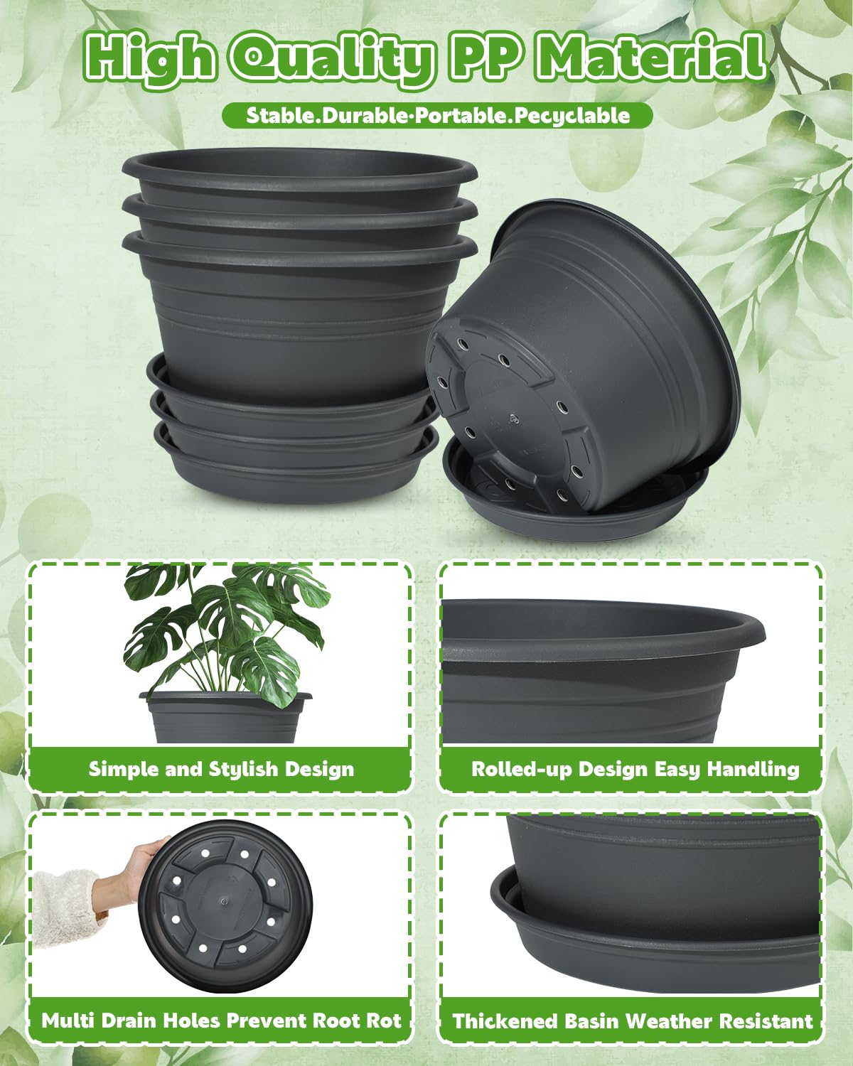 VIDELLY 10 Inch Gray Flower Pots 4-Pack, Plastic Planters with Drainage Hole & Tray, Indoor Outdoor Plant Pots for House Plants, Garden, Patio, Office Home Decor – Modern Decorative Plant Containers