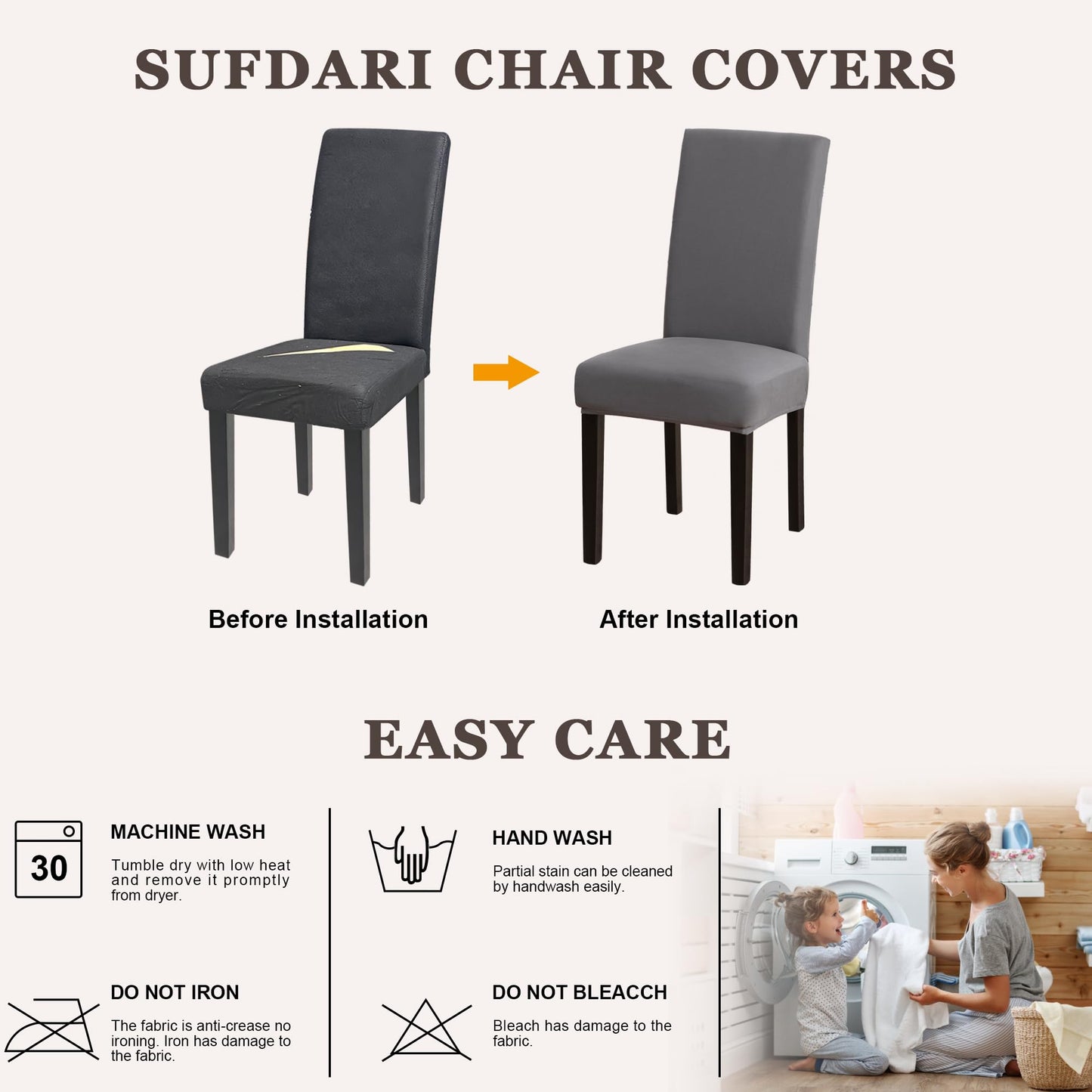 Sufdari Dining Chair Covers,Kitchen Cover,Parsons Slipcover,Spandex Protectors for Room Stretch Chairs Cover Set of 4 -Gray