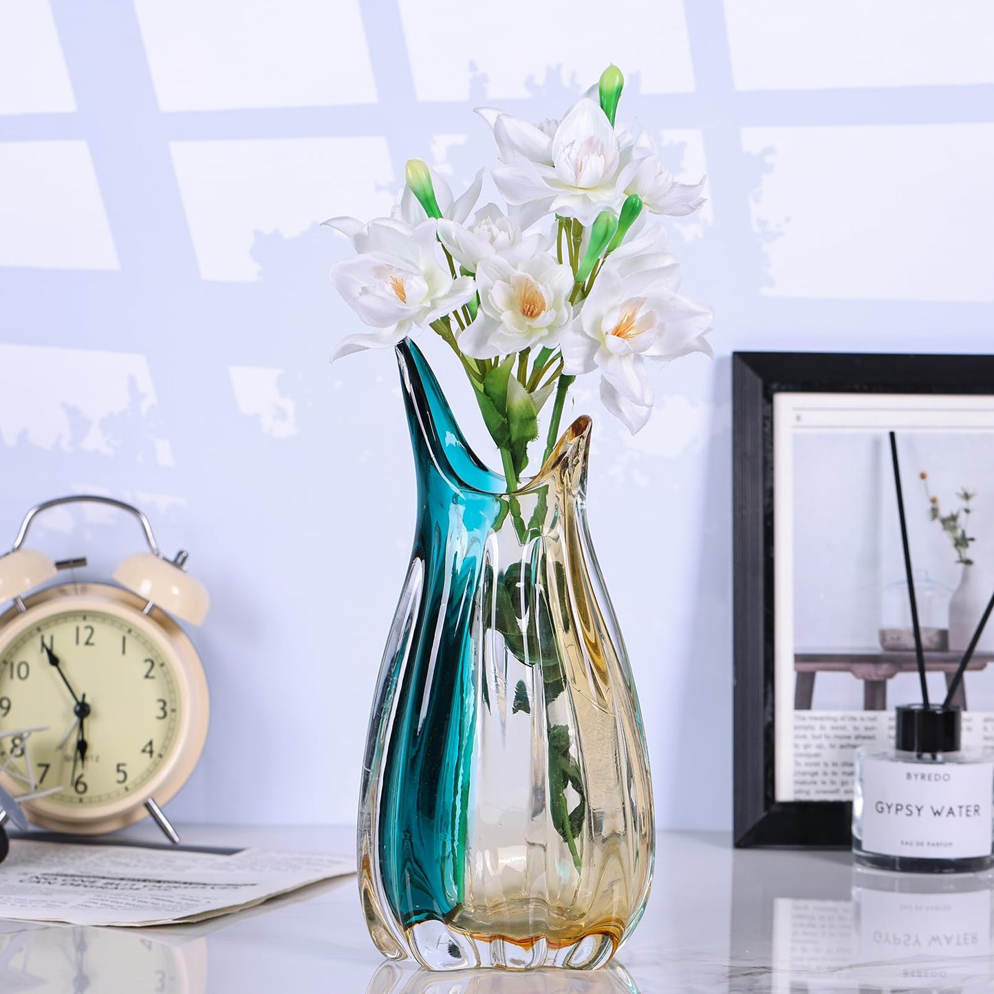 Hand Blown Glass Flower vases,Unique Wide-Mouth Vase,Modern Turquoise Glass Art Decor,for Home Living Room, Office, Table centerpieces, Bookshelves and Wedding Decorations (9.8inch H)