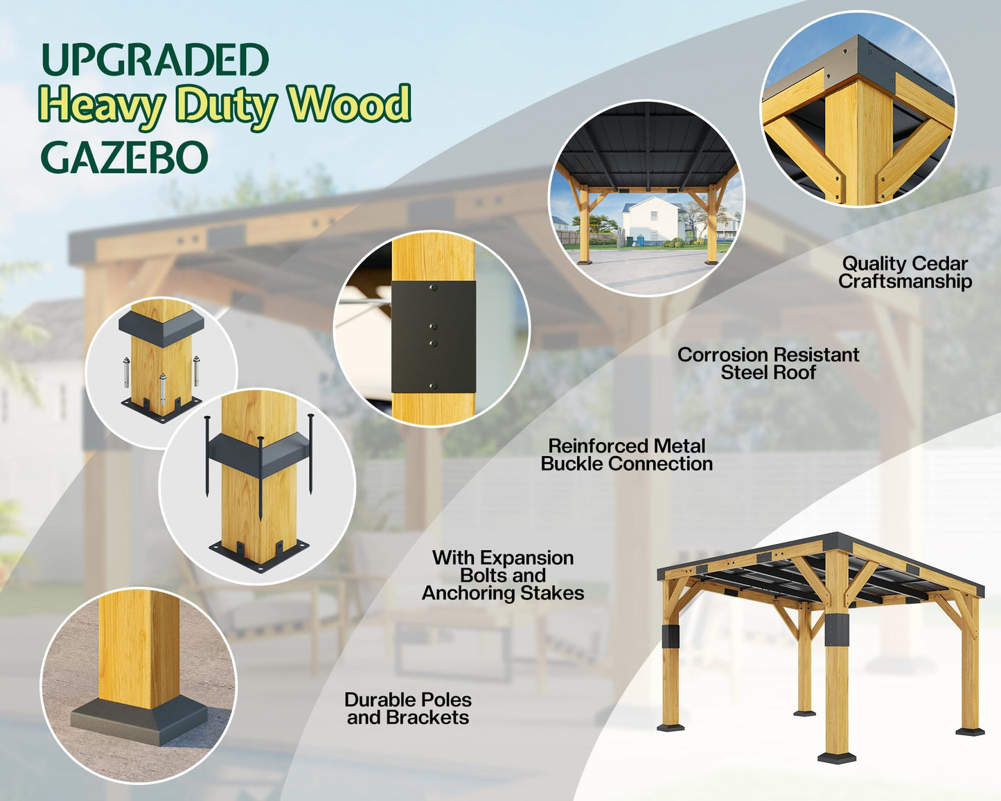 Jocisland 10' x 12' Cedar Wood Gazebo with Sloped Galvanized Steel Roof, Hardtop Gazebo Pavilion with Durable, Rot-Resistant Construction, Permanent Outdoor Pergola for Backyard, Garden & Deck