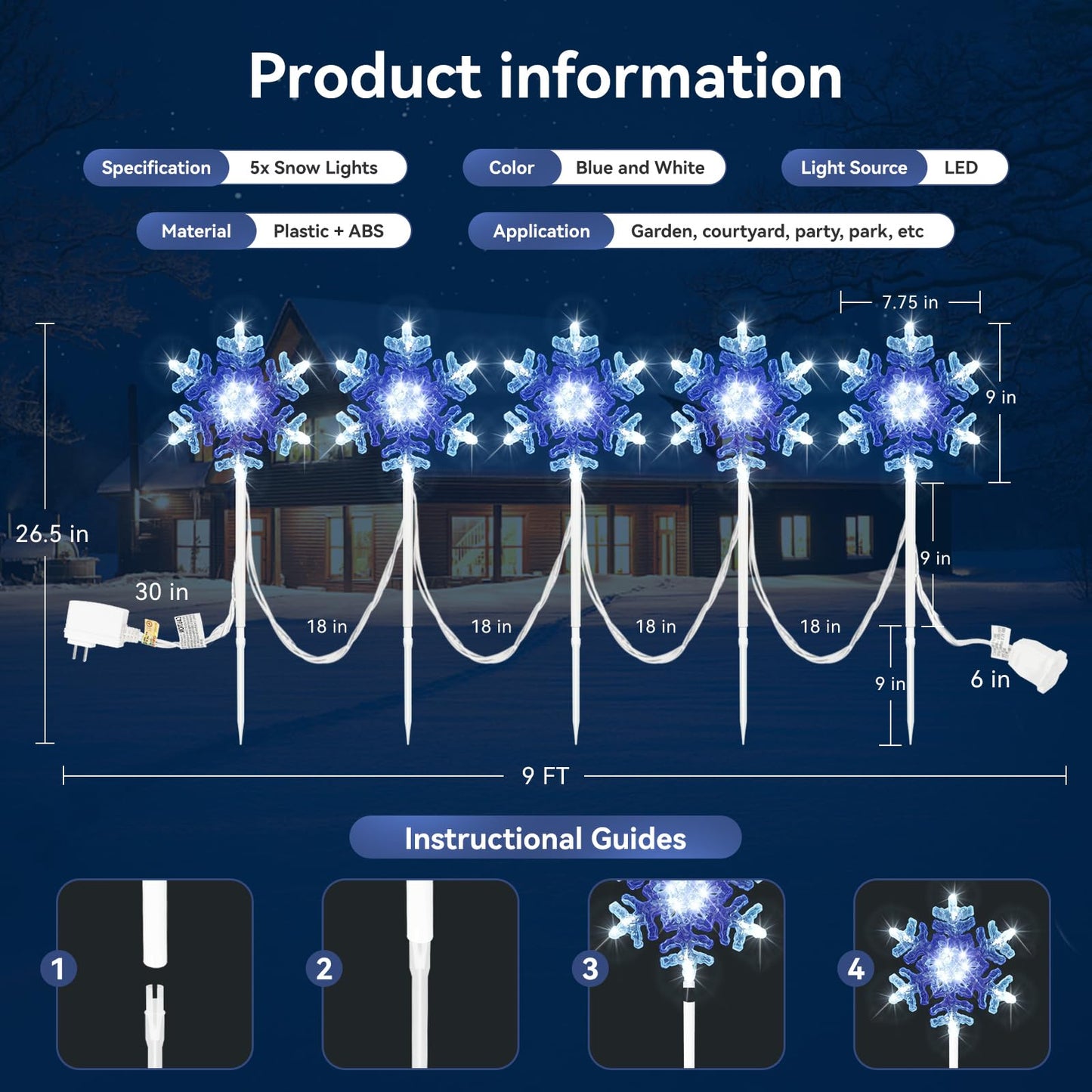 Snowflake lights outdoor 3D Crystal Cool White and Blue Chasing Led 9 ft set of 5 Yard Stake Snowflake Christmas Pathway Lights Connectable Christmas Decorations Outside for Yard Path Lawn Patio Decor