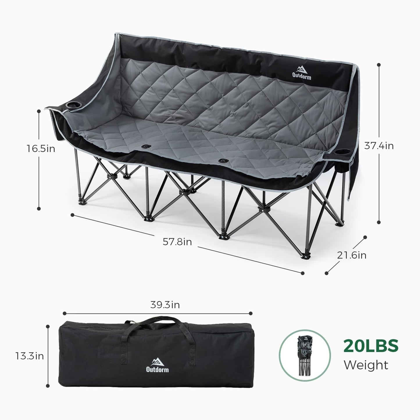 3 Person Camping Chair Oversized Padded Loveseat Camping Chairs Heavy Duty Folding Outdoor Couch with Cup Holder & Phone Side Pocket Extra Wide Outdoor Loveseat for Camping, Tailgating, Lawn Black