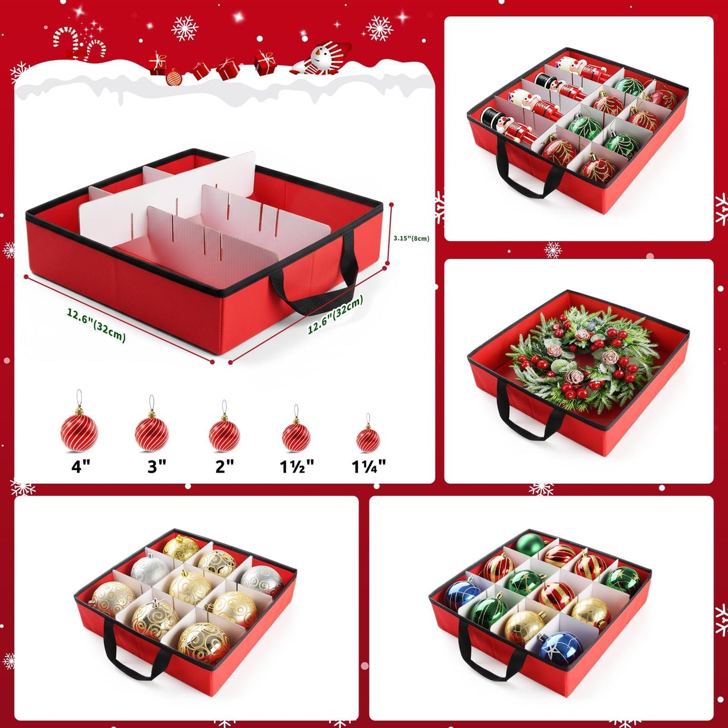 EverMerry Christmas Ornament Storage Box - Large & Sturdy Christmas Storage Container with Adjustable Dividers, 8 Individual Trays and Handles, Holds up to 128 Holiday Decorations (Red)
