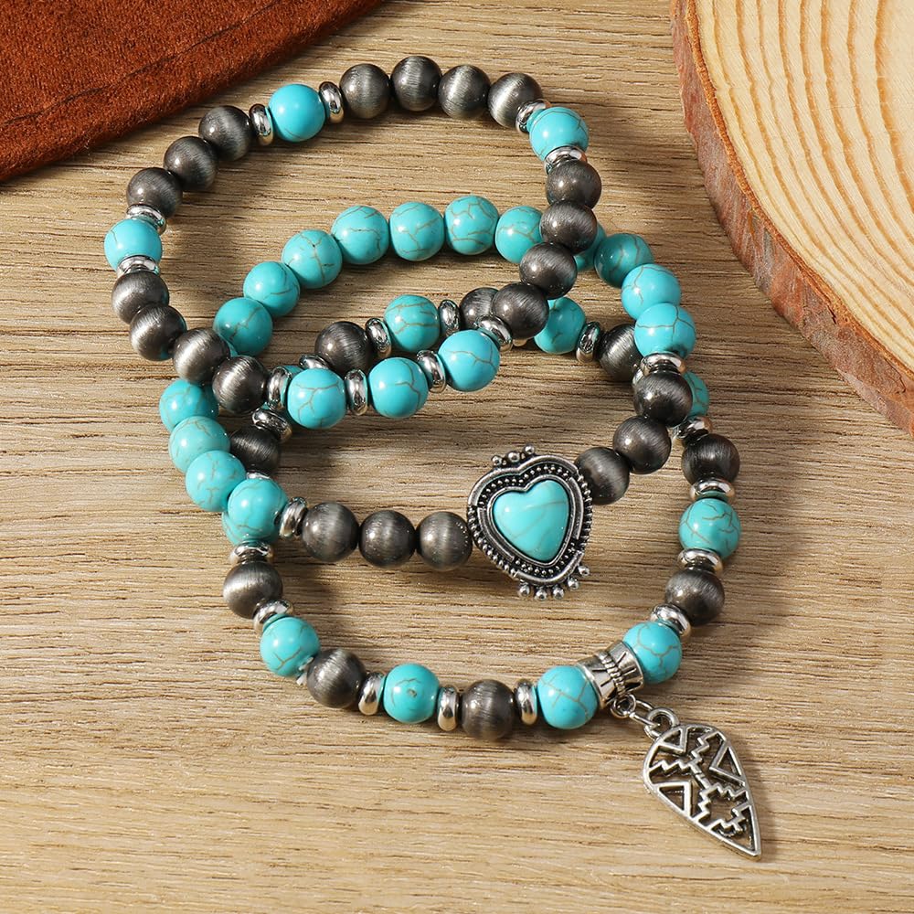 Meztole Turquoise Western Cowgirl Bracelets for Women Handmade Stackable Turquoise Beaded Stretch Bracelet Vintage Rodeo Western Jewelry Set Country Cowboy Outfit Accessories (3)