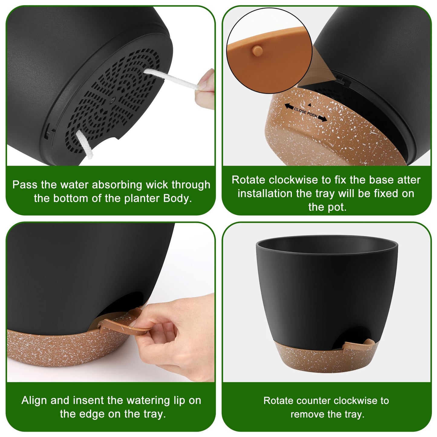 Plant Pots 10/9/8/7.5/7 Inch Self Watering Pots, Set of 5 Plastic Planters with Drainage Holes and Saucers,Plastic Flower Pots,Nursery Planting Pot for Indoor Out Door Plants(Black Brown)