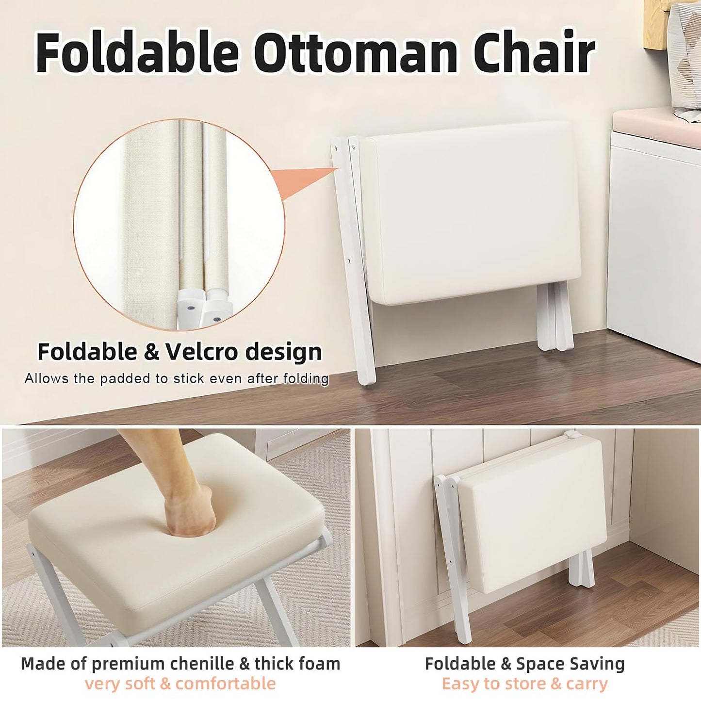 BAMBOOHOMIE Foldable Foot Stool Ottoman, Modern Foot Rest with Bamboo X Legs & Thick Foam Cushion, Folding Foot Stools Small Padded for Bedroom Living Room, Footstool for Chair Couch (White - White)