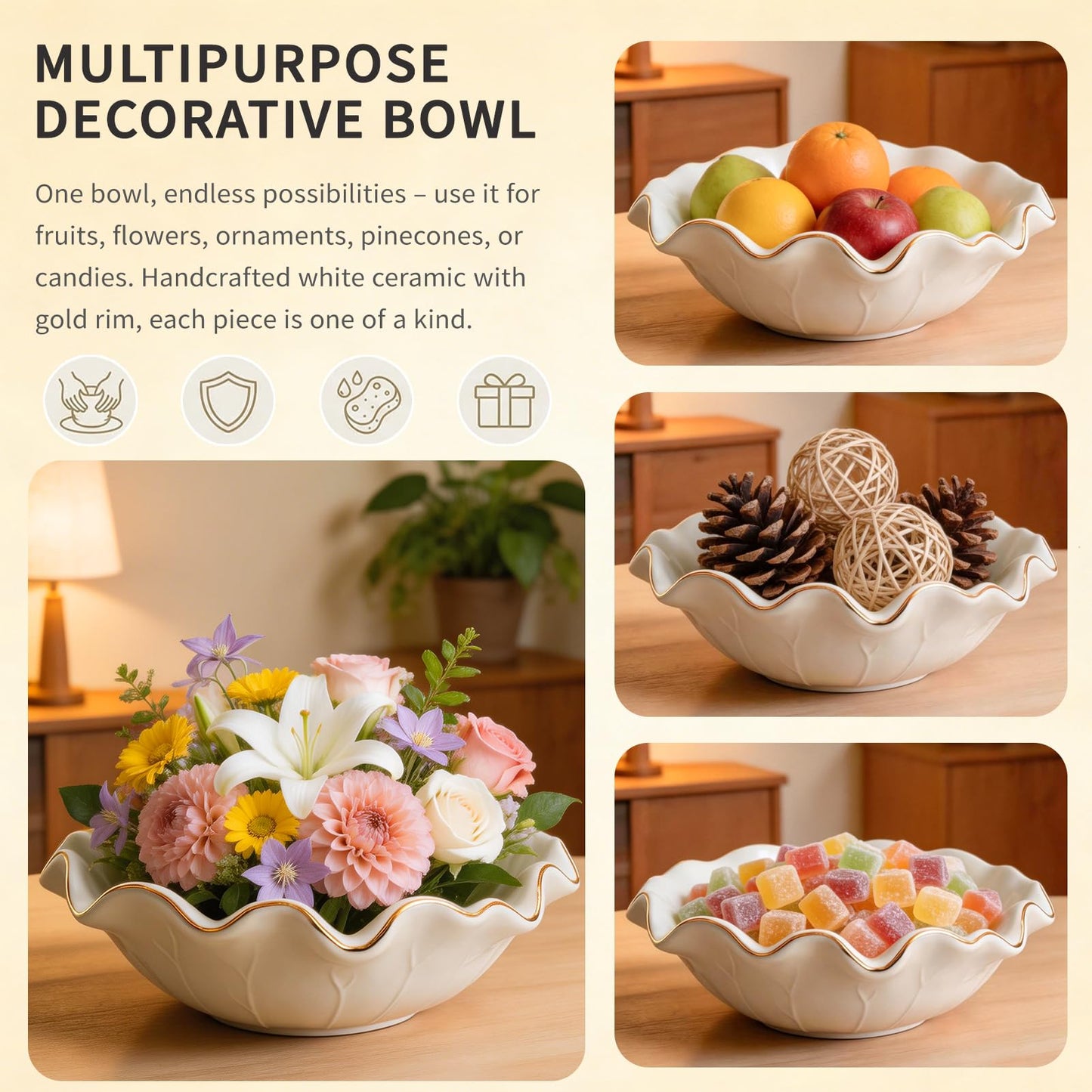 Afadorable 10 Inch White Shallow Handmade Ceramic Lotus Leaf Bowl with Gold Rim, Large Decorative Fruit Bowl for Kitchen Counter, Coffee Table Decor, Dining Table Centerpiece & Entryway Key Bowl