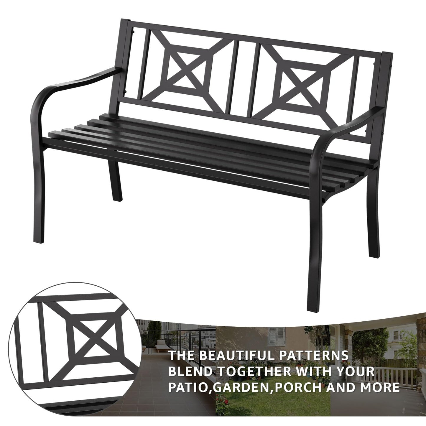 Gymplis Outdoor Bench Garden Bench Patio Bench,Weatherproof Anti-Rust Metal Powder Coated Frame Park Bench,Metal Bench for Yard & Porch & Park (Geometric)
