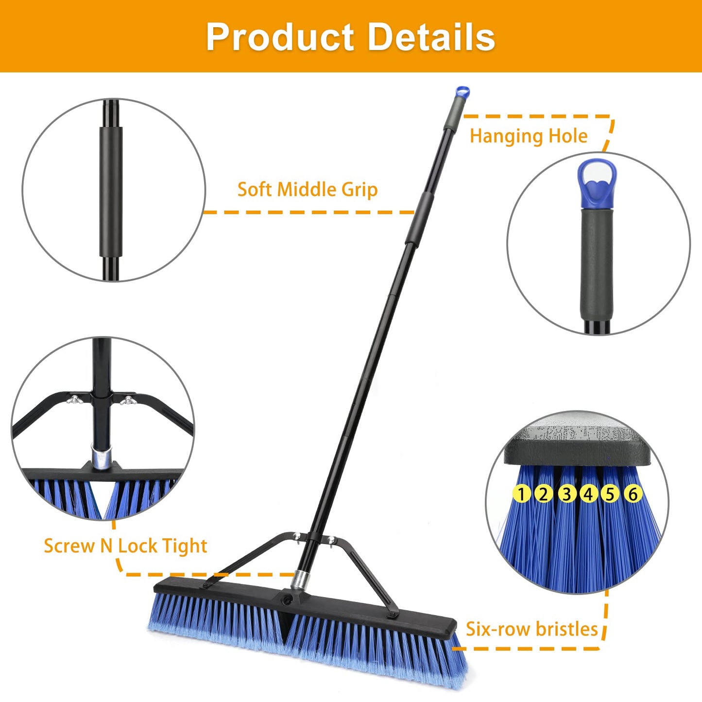 24 inches Push Broom Outdoor for Deck Driveway Garage Yard Patio Concrete Floor Cleaning-Blue-2 Pack