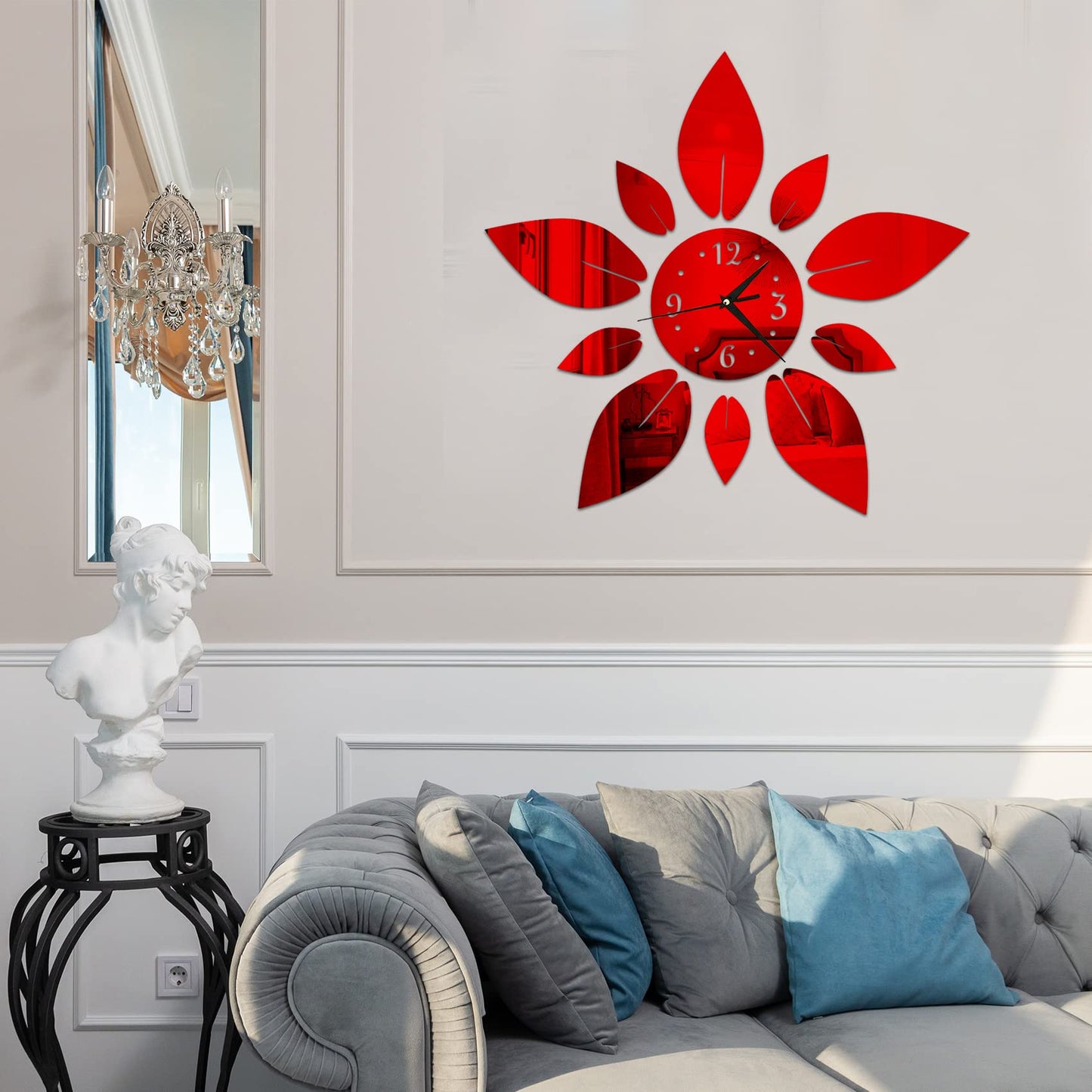 haodeni Modern Flowers Digital 3D Large Wall Clock Mirror Stickers Self-Adhesive Acrylic Crystal Mirror Decals DIY Silent Petal Combo Art Wall Clocks Decoration for Home Apartment Office (Red)
